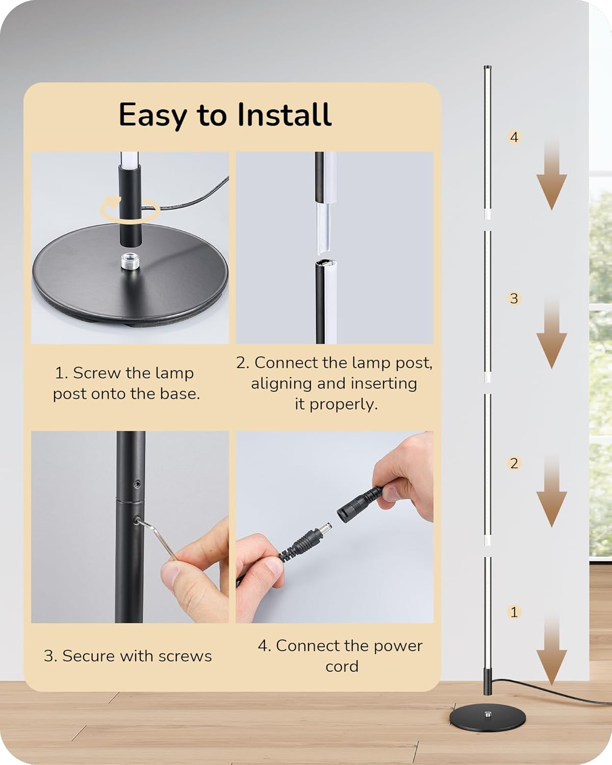 EDISHINE 59.8" Modern Floor Lamp, Minimalist Floor lamp with 3 Height Settings, 3 Color Temperature & Stepless Dimming, Remote Control, Foot Switch, Slim for Living Room, Black