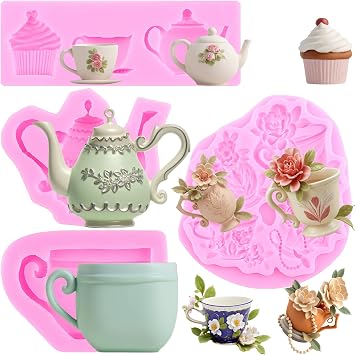 Mujiang Teapot Silicone Mold Tea Cup Fondant Mold Tea Party Cake Molds For Cake Decorating Cupcake Topper Chocolate Candy Polymer Clay Gum Paste Set Of 4