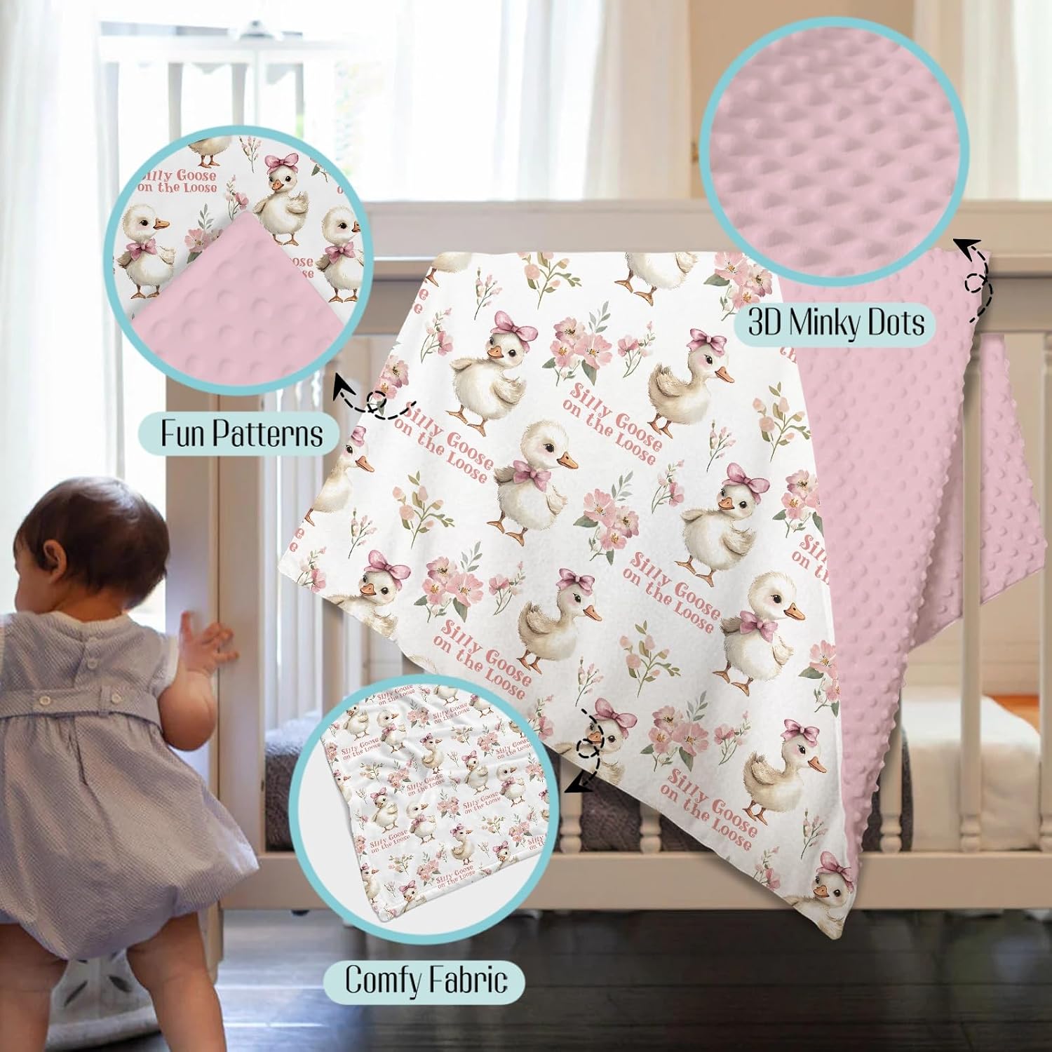 Mink Baby Girl Blanket Silly Goose on the Loose, Funny Pink Flower Geese Farm Animal Double Layer Dotted Backing Receiving Swaddle Newborn Infant Toddler Nursery Crib Bedding Shower Gift 30x40