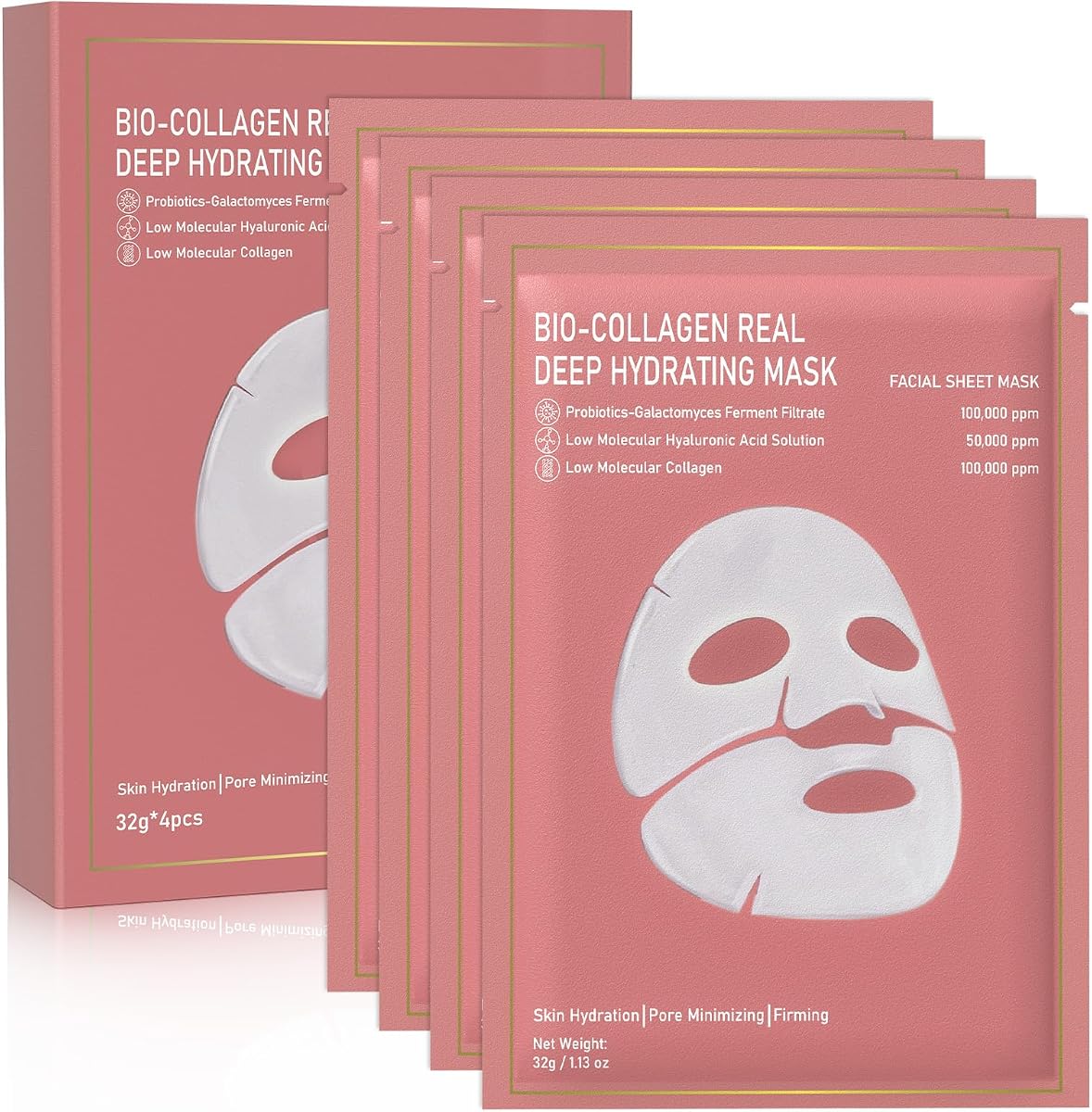 Collagen Face Mask, 4 Pack Bio-Collagen Real Deep Mask Overnight Hydrating Face Mask for All Skin Types,Original Hydrating Collagen Face Mask