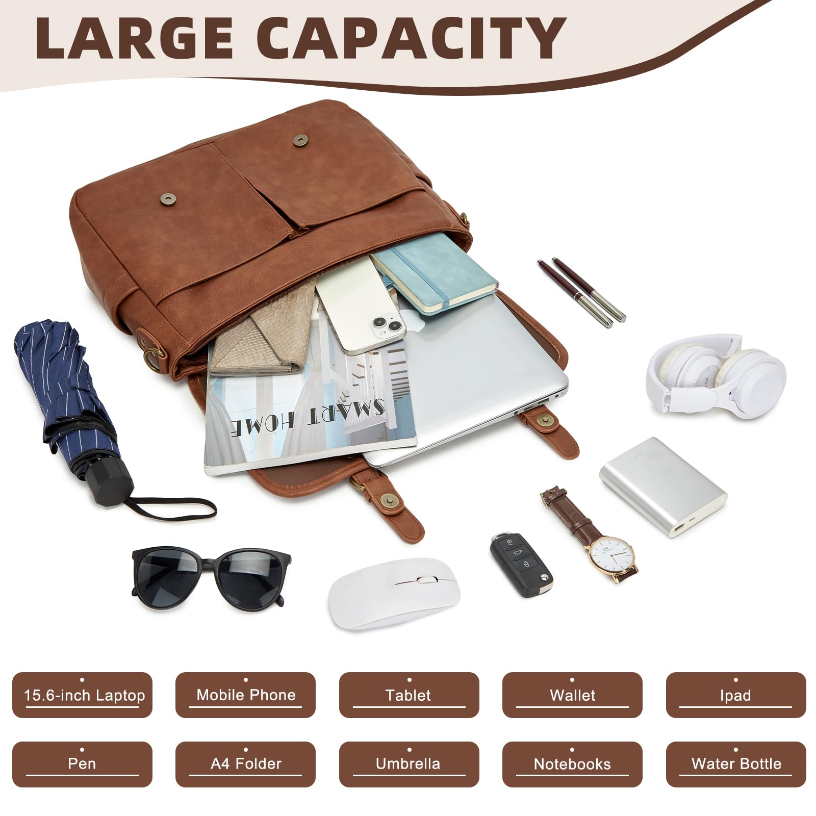 Borsa messenger in pelle per uomo, 15,6 pollici, borsa a tracolla per computer portatile grande per affari/viaggi