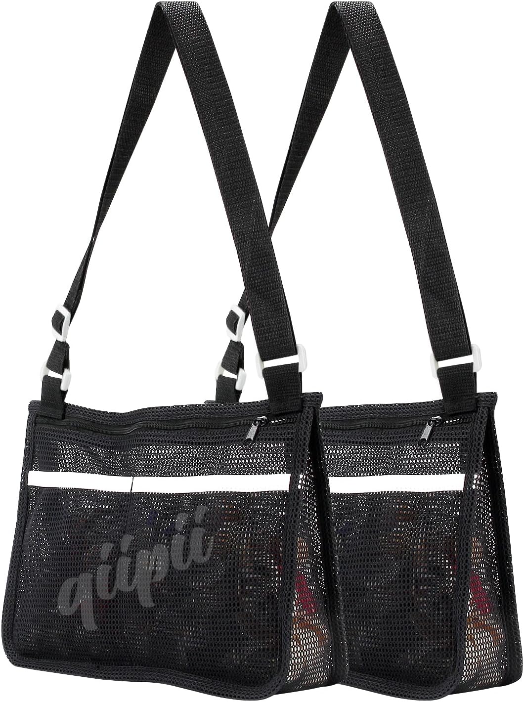 qiipii 1 Pack Beach Mesh Bag Shell Collecting Bag Beach Sand Toy Bags with 2 Outer Pocket for Hunting Shells, Swimming Accessories, Adjustable Straps, Smooth Zipper for Mushroom Foraging Concerts