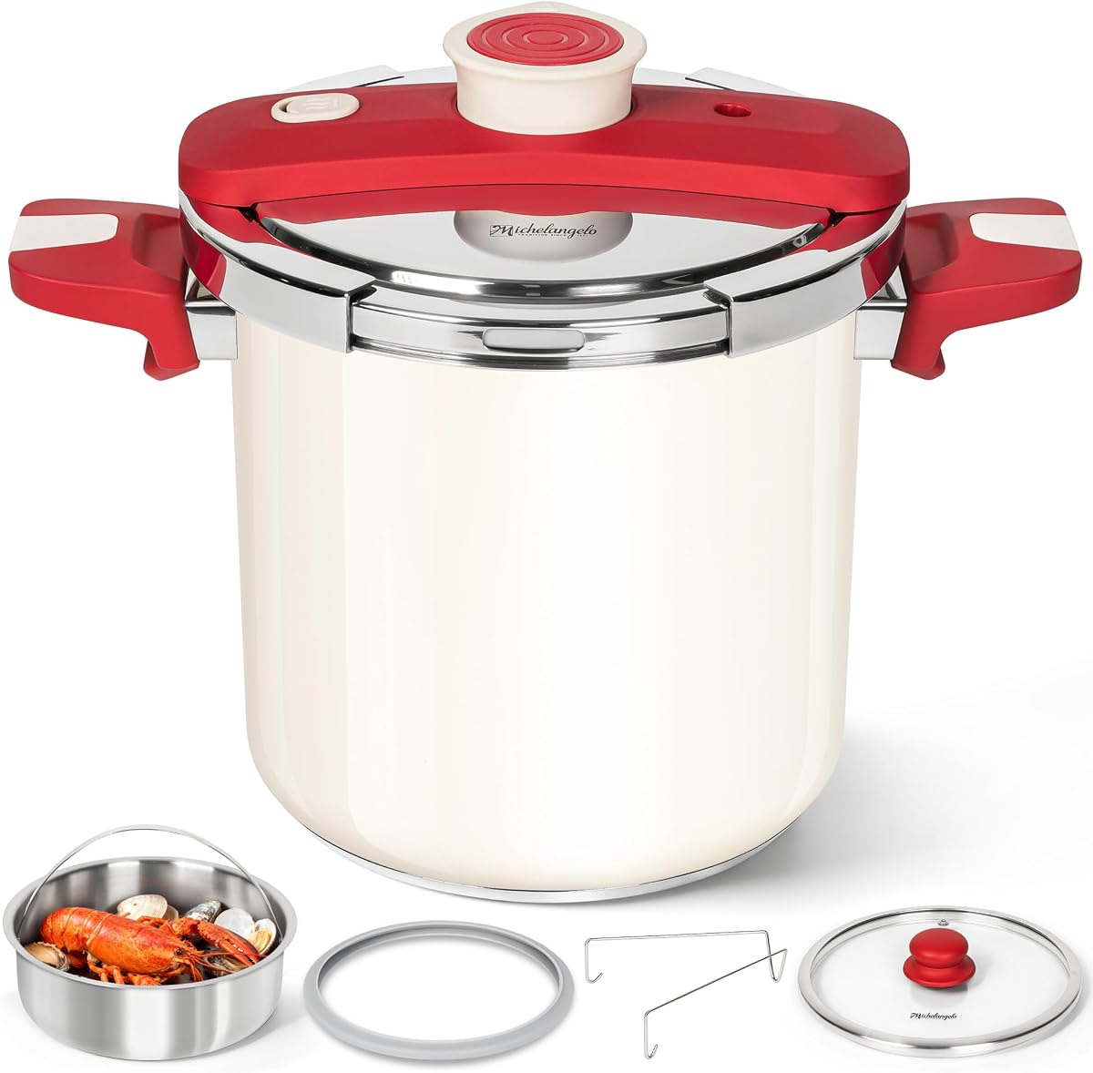 Stovetop Pressure Cooker Stainless Steel, 8.5 qt, 304 Stainless Steel, 6-Fold Safety System, One-Hand Easy-Open Lid, 2 Pressure Settings, Steamer Basket & Glass Lid, Induction Compatible