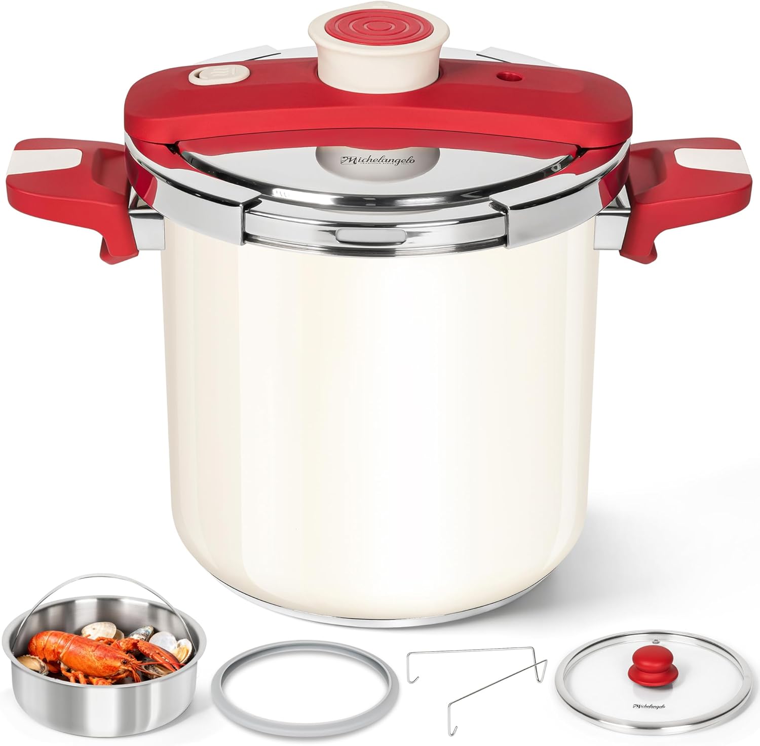MICHELANGELO 8.5 Quart Stainless Steel Stovetop Pressure Cooker, 3-in-1 Pressure Pot, One-Hand Locking System, Olla de Presion Colorful Design, Induction Compatible, with Glass Lid & Steamer