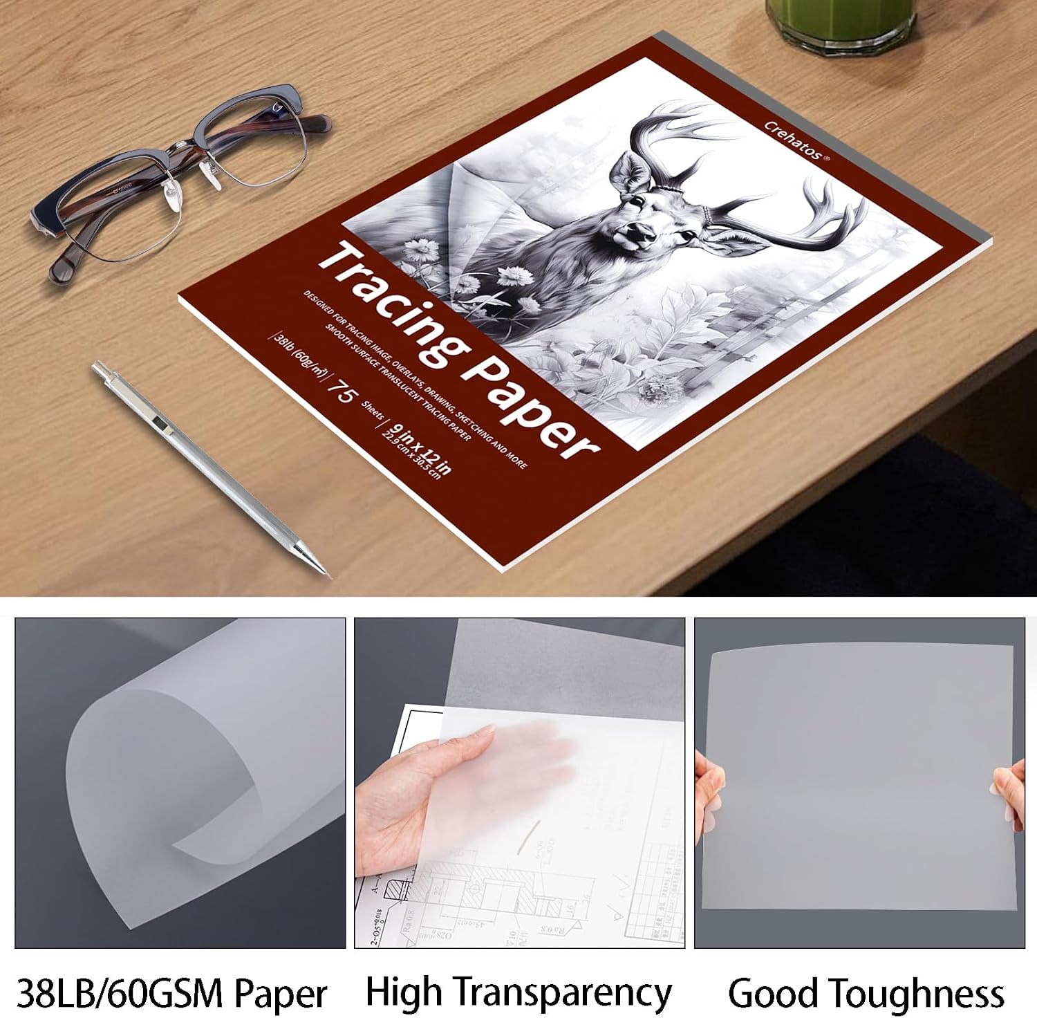 Crehatos 9" x 12" Tracing Paper, Translucent Tracing Pad, 75 Sheets 38lb/60gsm Vellum Art Paper thumbnail