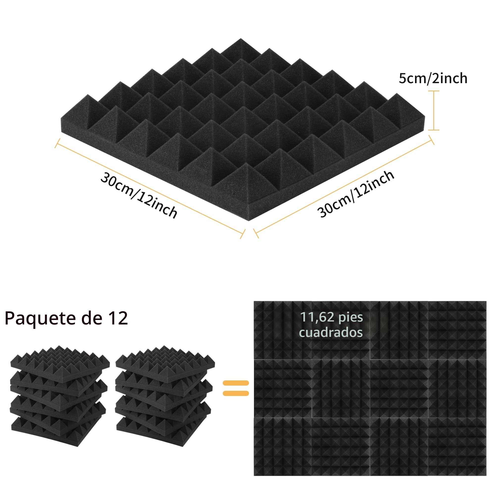 Paneles Acústicos de 12 Piezas para el Aislamiento Acústico, Espuma Acústica Negra, Adecuado para Insonorizar Estudios de Grabación, Oficinas, Estudios de Danza, Dormitorios, Podcasts 30x30x5cm