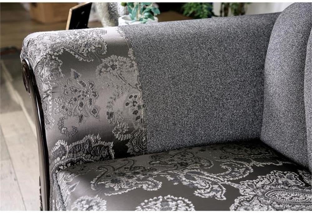 BOWERY HILL Traditional Upholstered Sofa, Gray and Silver Chenille Fabric, 93 in x 36 in x 40 in, Espresso Carved Wood Trim, Rolled Arms, Bun Feet, Accent Pillows, Living Room Seating