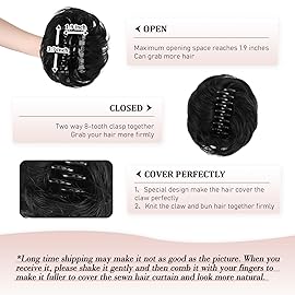 RUWISS Claw Clip Messy Bun Hair Piece Real Human Hair Buns Wavy Curly Chignon Hair Bun Extensions Tousled Updo Claw Clip Ponytail Hairpieces (Black)