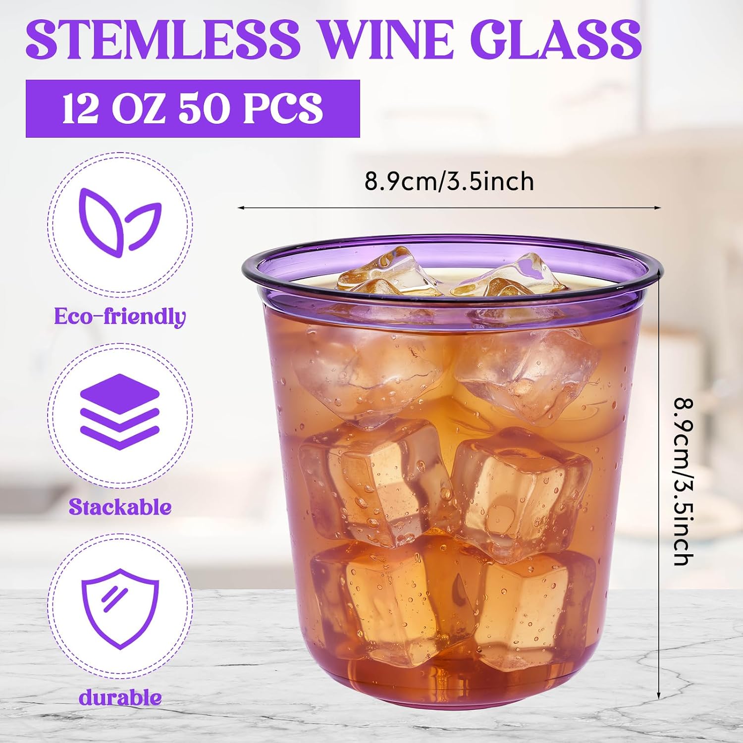 Ziliny 50pcs Plastic Purple Cups,12oz Disposable Stemless Wine Glasses image 3