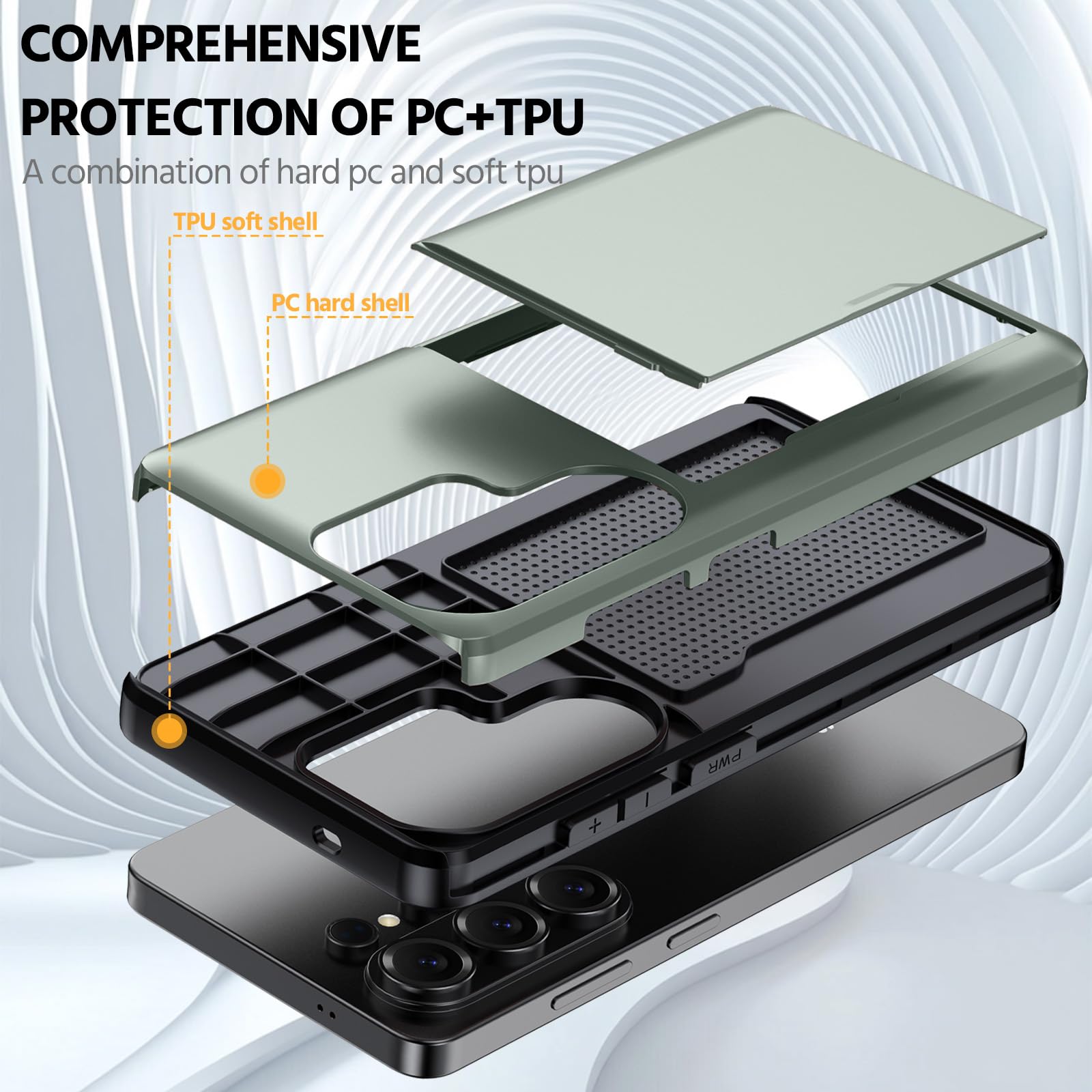 Etui do iPhone 13 Mini 5.4 z ukrytym schowkiem na kartę, pancerne etui z twardego PC miękkiego TPU, smukłe matowe etui z przesuwną kieszenią na 1-2 karty Ciemnozielony