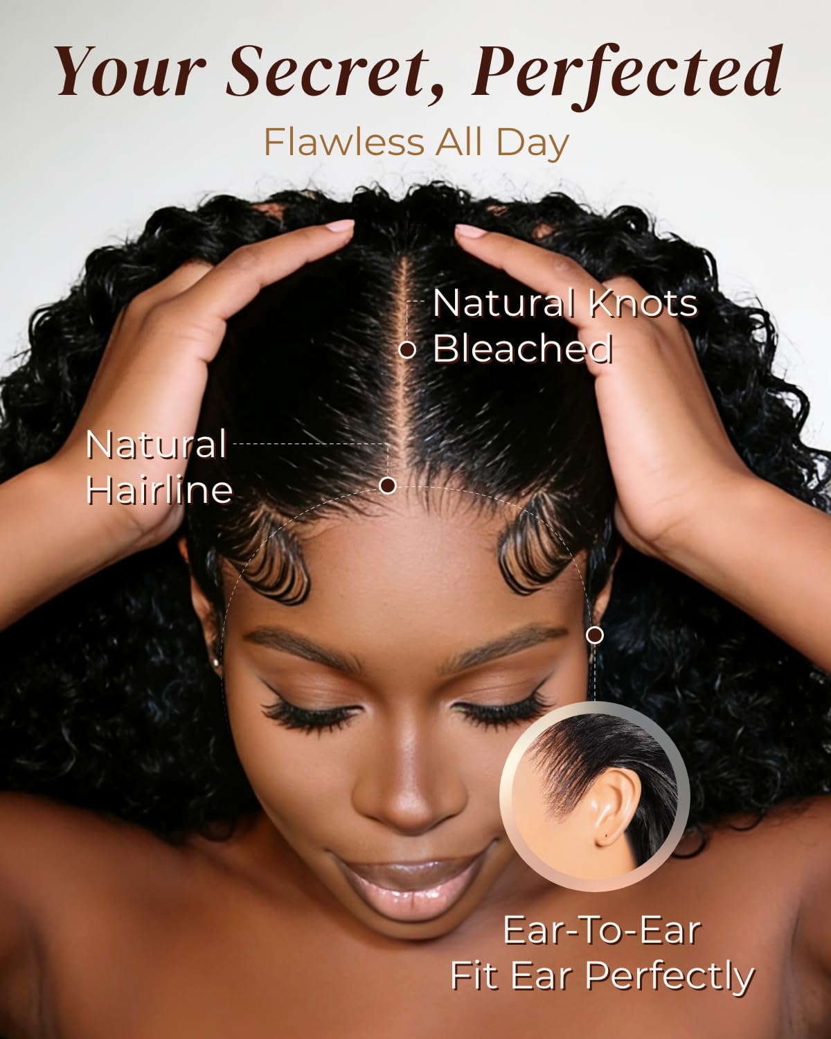 Arabella Glueless 13x6 Curly Wigs Human Hair 230% Density Ear-to-Ear Lace Front Wigs Human Hair Pre Plucked Pre Cut Water Wave Wigs Human Hair with Adjustable Drawstring Natural Black 24 Inch