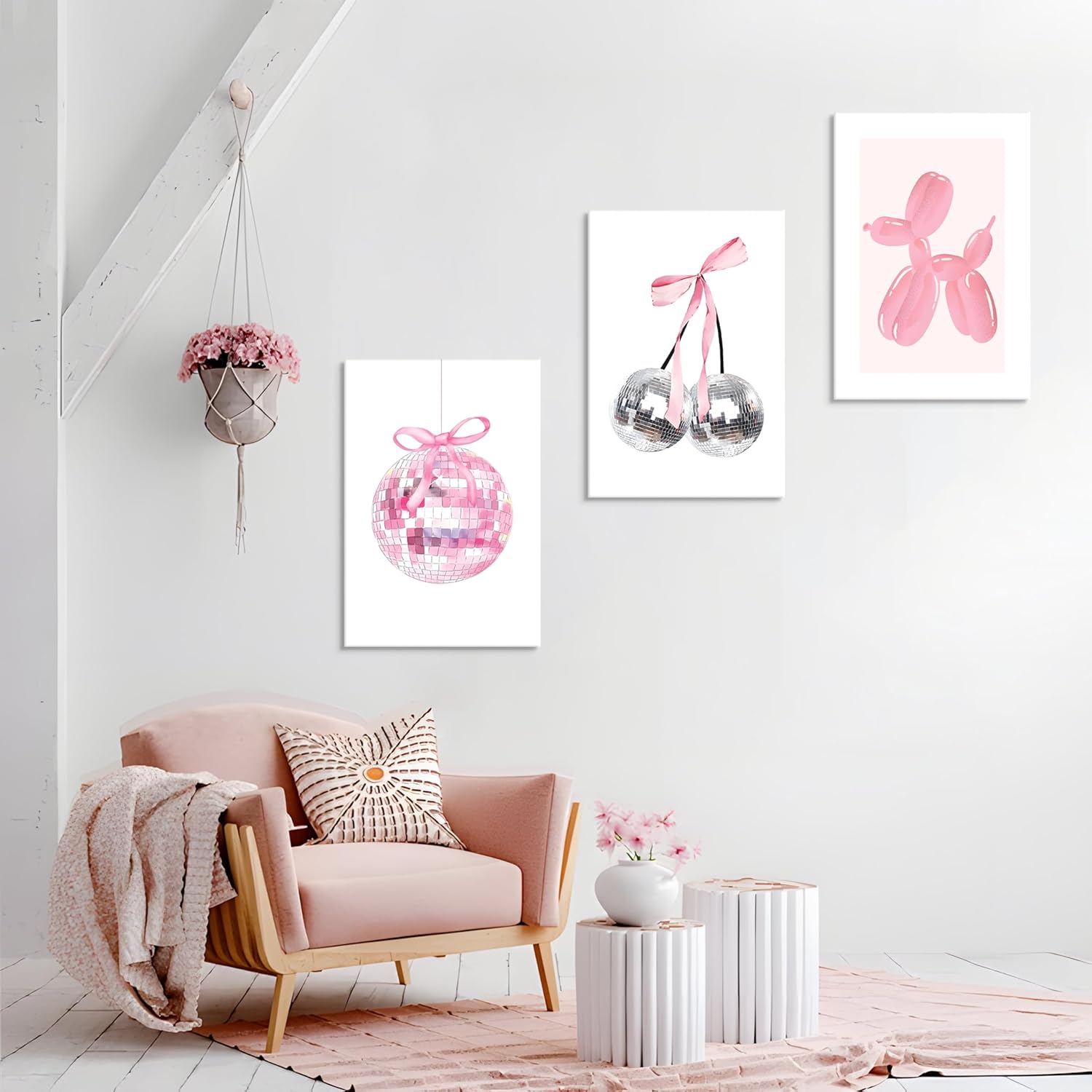 Framed Pink Disco Ball Wall Art Set of 3, Cute Cherry with Bows and Balloon Dog Posters Print, Trendy Pink Aesthetic Party Wall Decor for Teen Girls Bedroom Dorm Apartment 16x24 inch