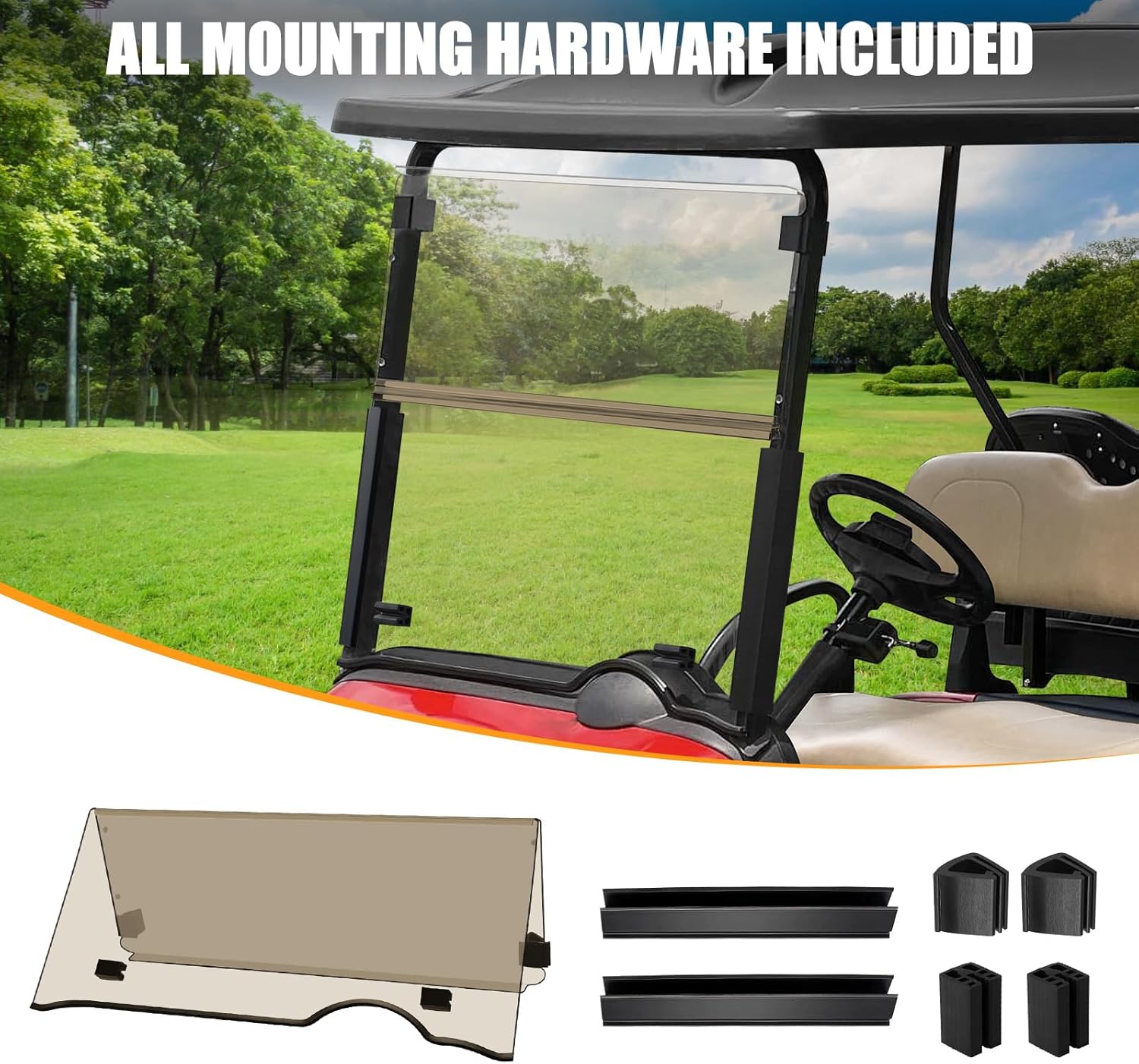 EZGO Golf Cart Foldable Windshield 3/16" (5MM) Thicken for 2008-Up EZGO RXV / Freedom RXV with 3/4" Front Rail, 37.91" W×33.46" H, Anti-UV Shatterproof Scratch-Resistant Tinted/Clear Windscreen
