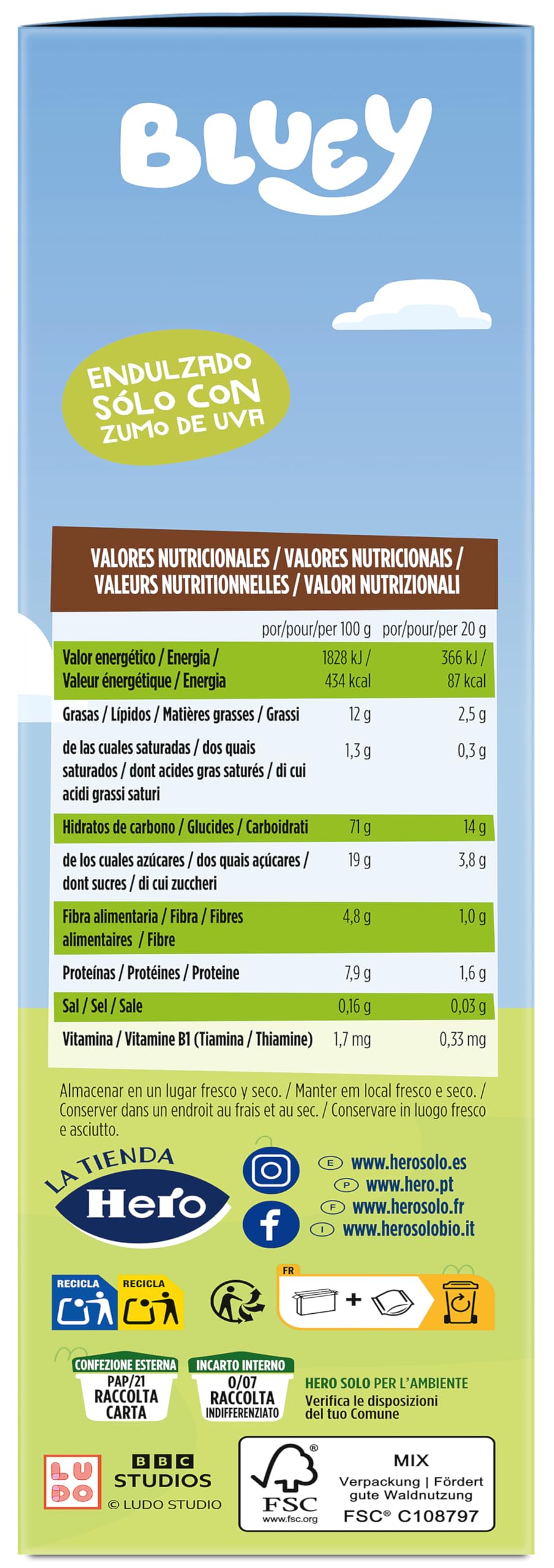 Hero Solo Galletas Infantiles de Cacao Bluey Snack Cereales Integrales Zumo de Uva Fibra 100g x 6uds