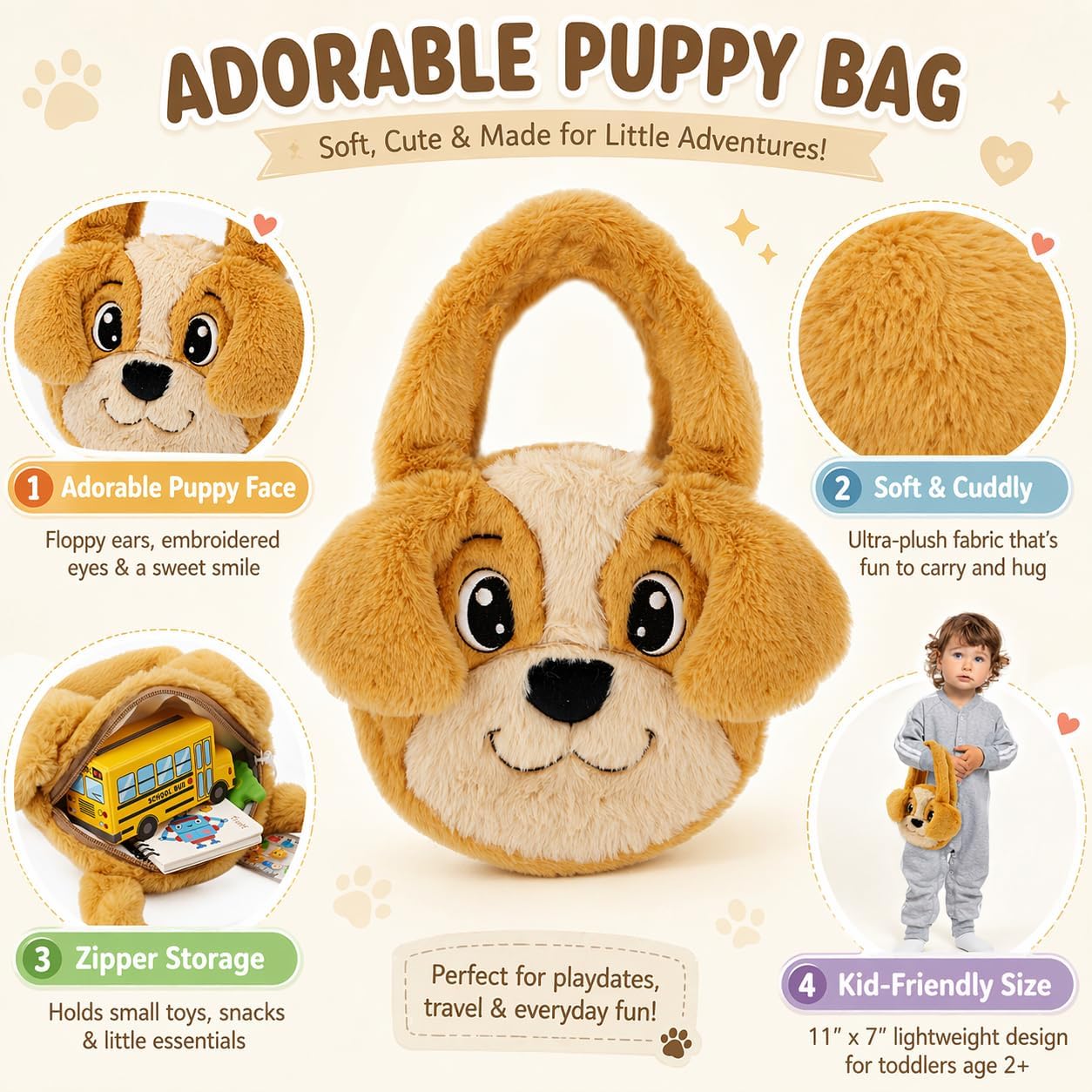 June Garden 11" Plush Puppy Handbag – Soft Dog Purse with Zipper Closure – Toddler Shoulder Bag for Toddler Age 2+