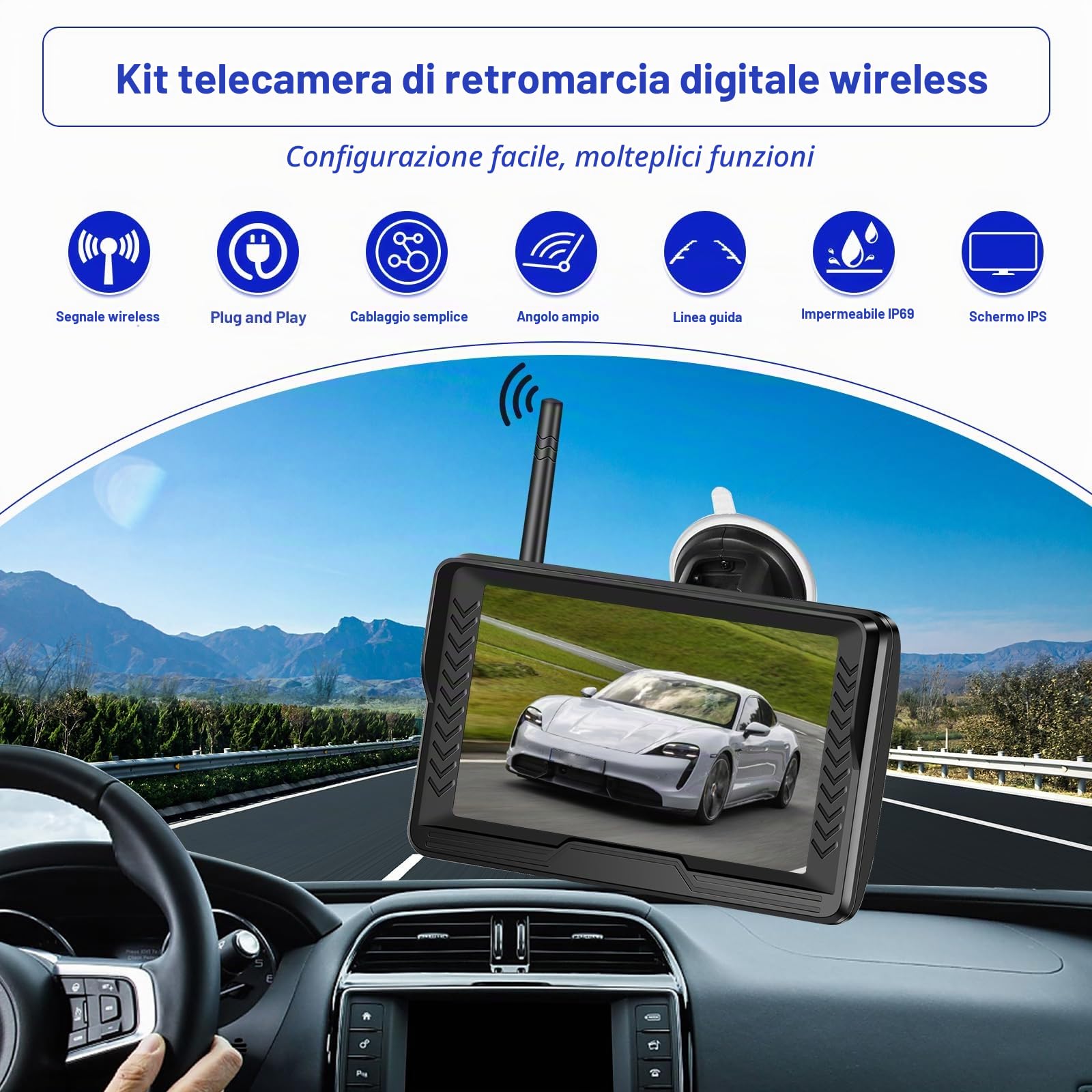 Hikity Telecamera Retromarcia Wireless AHD 5" LCD IP69 | Visione Notturna a Colori, Telecamera Posteriore, per Auto 12V