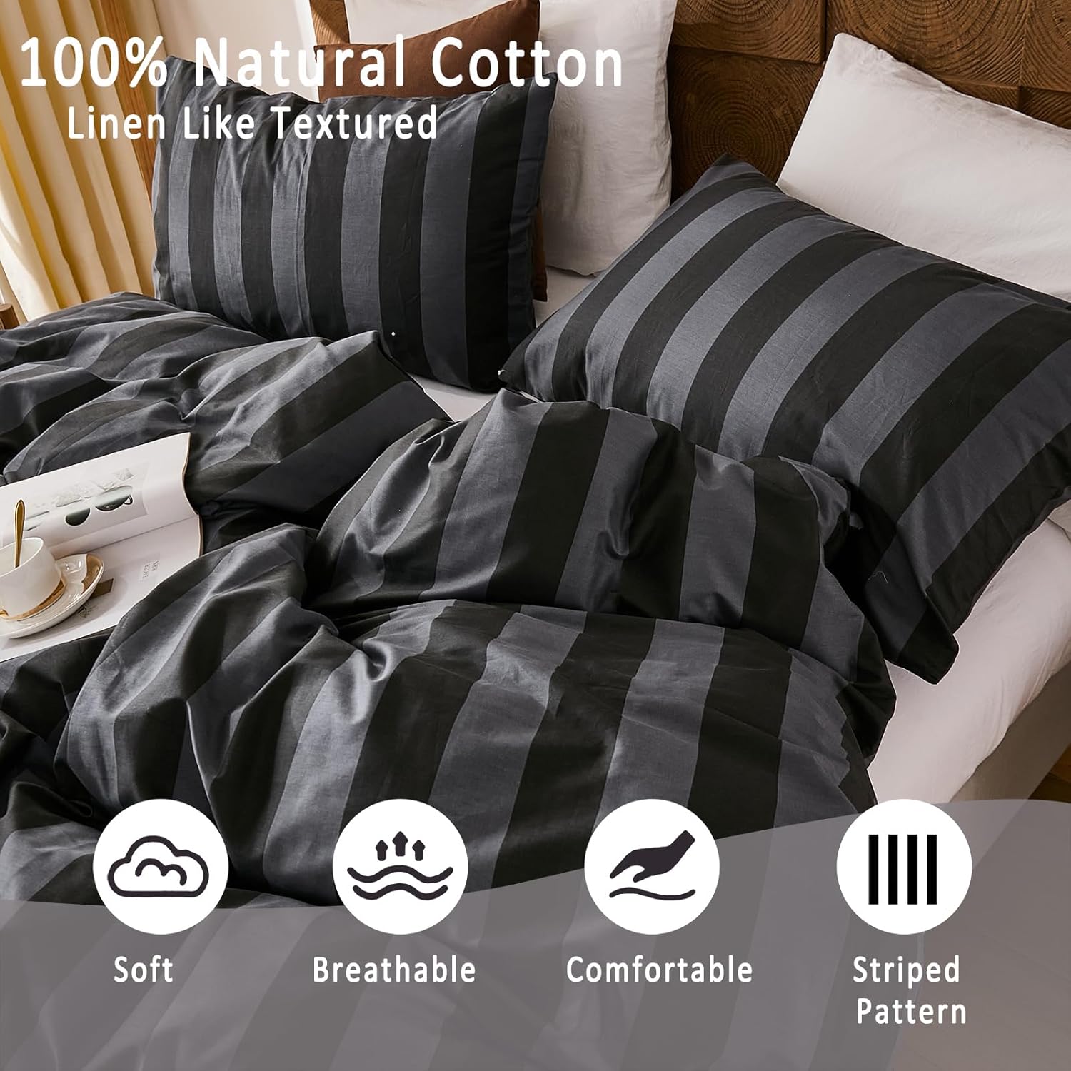 Merryword Black and Gray Striped Comforter Set Queen, 100% Cotton Reversible Comforter Set 3 Pcs, Luxury Linen Like Bedding, Soft Breathable Lightweight Comforter for All Seasons