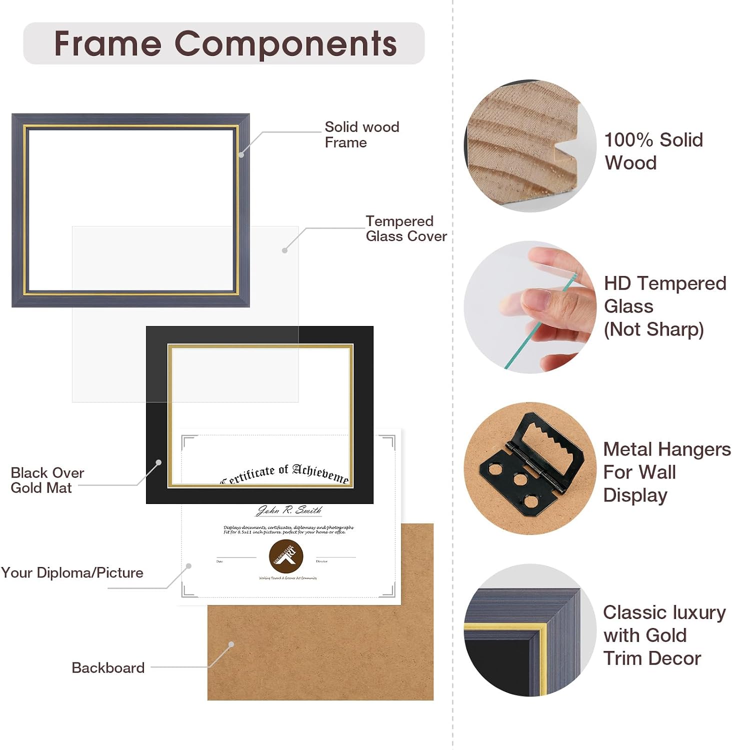 11x14 Diploma Frame Blue with Gold Trim - Display 8.5x11 Diploma with Black Over Gold Double Mat Or 11x14 Certificate without Mat - Soild Wood with Tempered Glass - Horizontal Or Vertical Display - 1 Pack