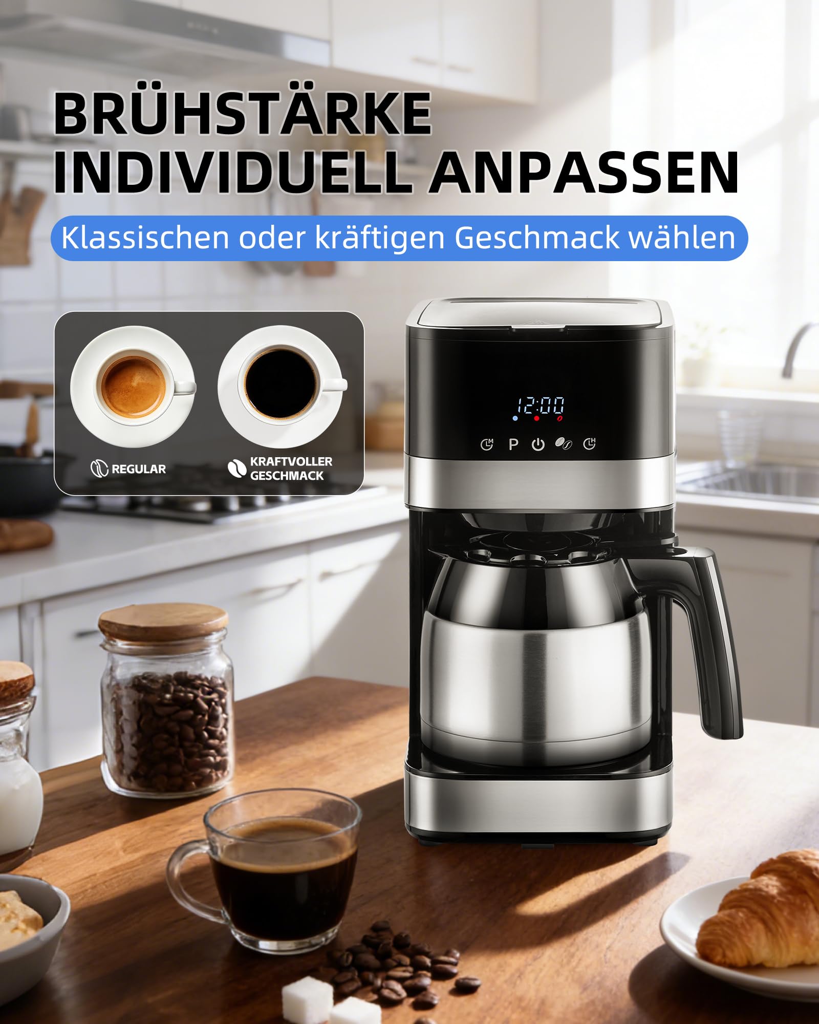 KEINVE Filterkaffeemaschine mit Thermokaraffe, Edelstahl Kaffeemaschine mit timer, 24H programmierbar, LED Display, Warmhalteplatte, Abschaltautomatik, Tropfstopp, 900W, 10 Tassen, 1 Liter