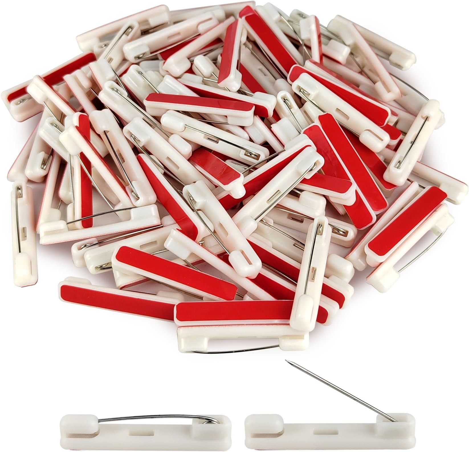 30 Pcs White Safety Pins, Badge Pins with Sticky Strips for Name Tag ID Card Badge and DIY Crafts (1.45 Inch)