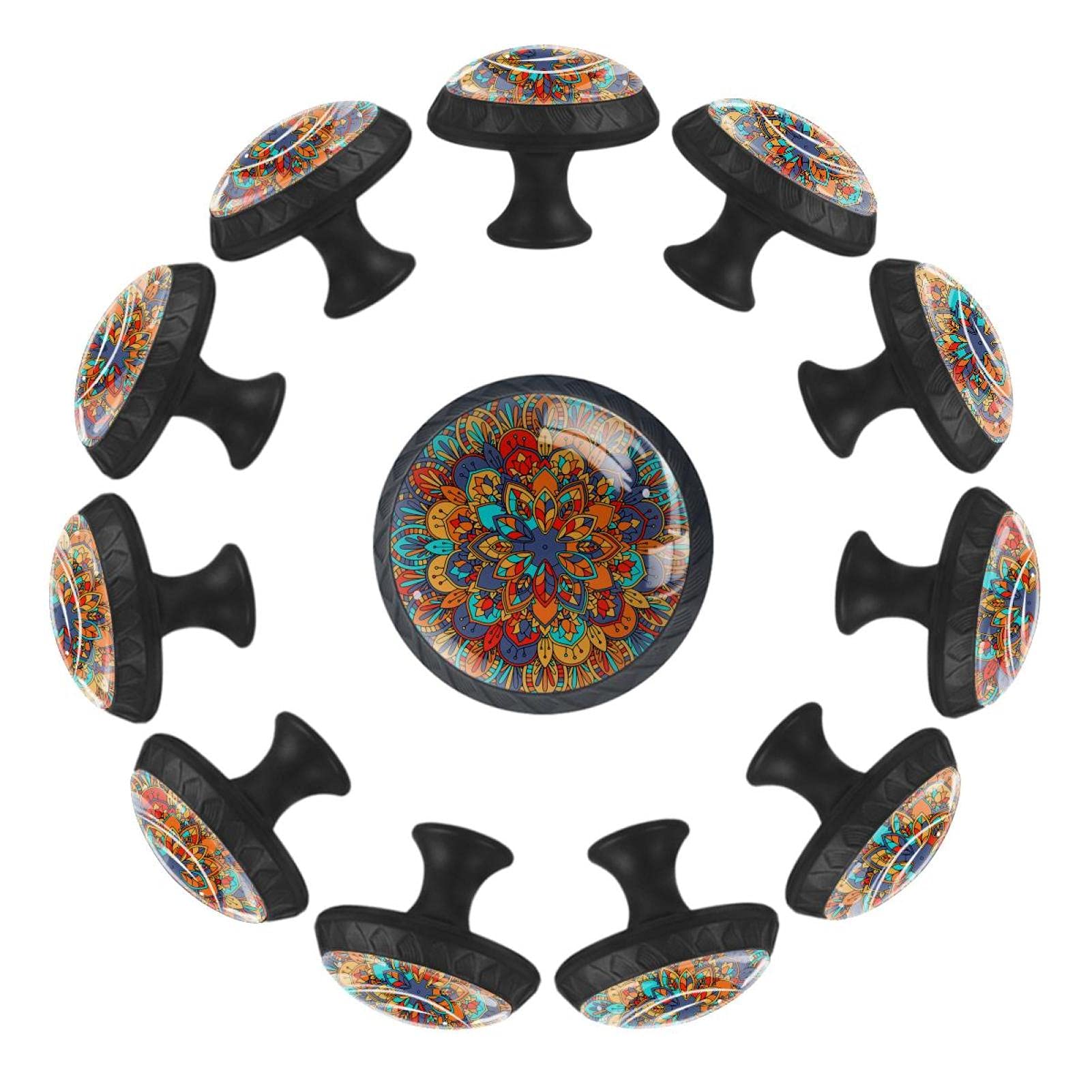 Boutons de tiroir mandala floral finitions soignées bleu et orange pour commode