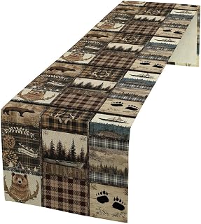 Rustic Country Bear Table Runner,Vintage Wild Animals Bear Deer Forest Mountain Fish Table Cloth for Home Kitchen Dining Table Decoration Party 13x36 in