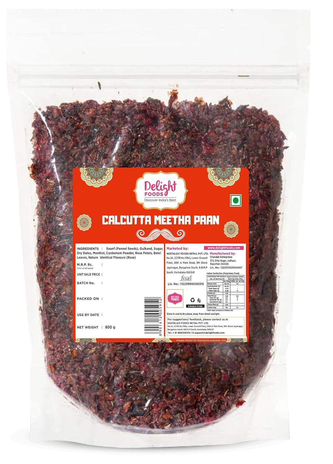 Delight Foods Calcutta Meetha Paan Mukhwas | Mouth Freshener & Digestive, After Meal Snack | Made with Gulkand & Saunf, Betel Leaf | No Supari | Traditional Sweet mix & Refreshing (Pack of 800g)