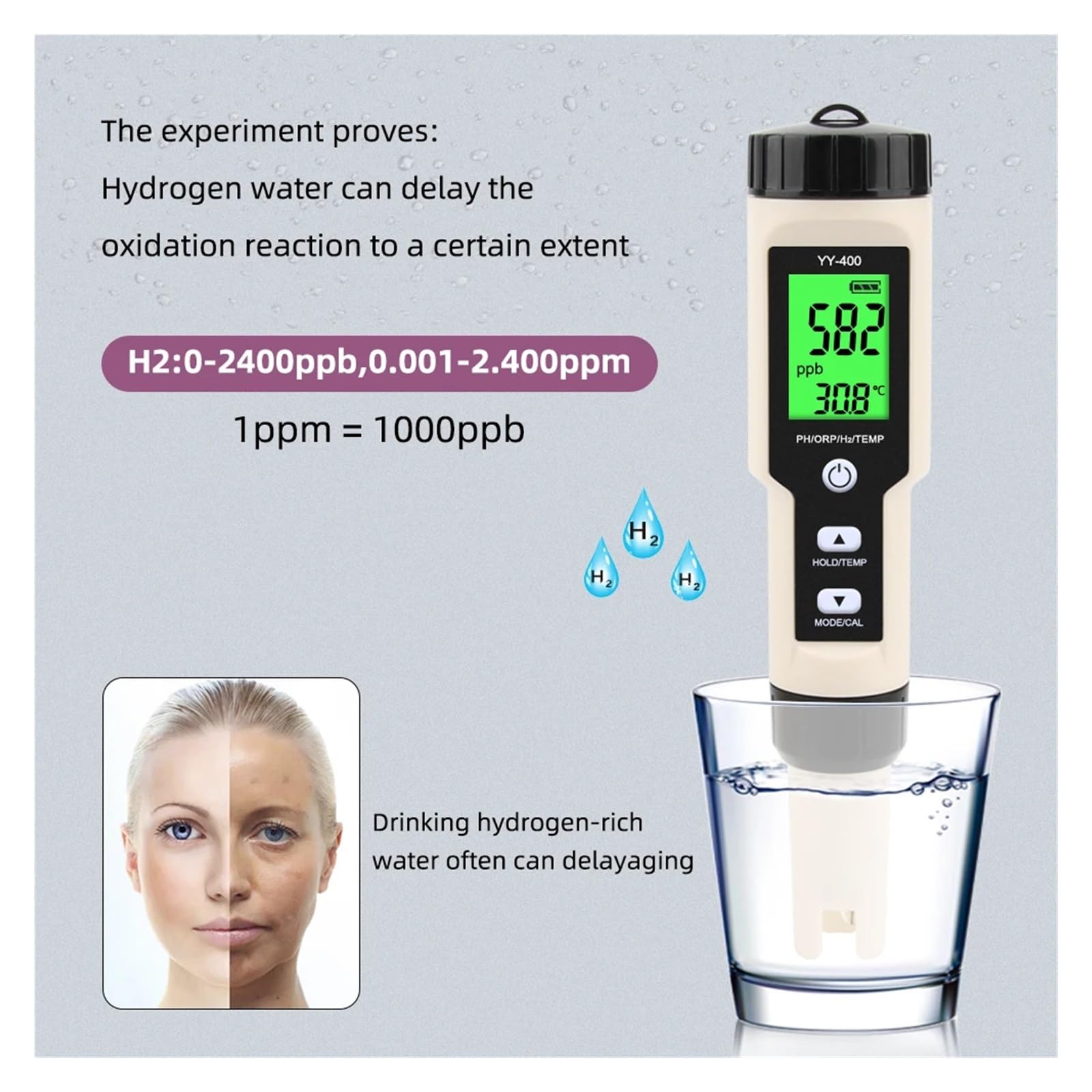 Testeur d'eau Testeur D'hydrogène Et d'eau, Moniteur 4 en 1 H2 PH ORP, Analyseur De Température, D'oxygène Réactif ATC 0-2400PPb for Aquariums Polyvalent Précis Facile