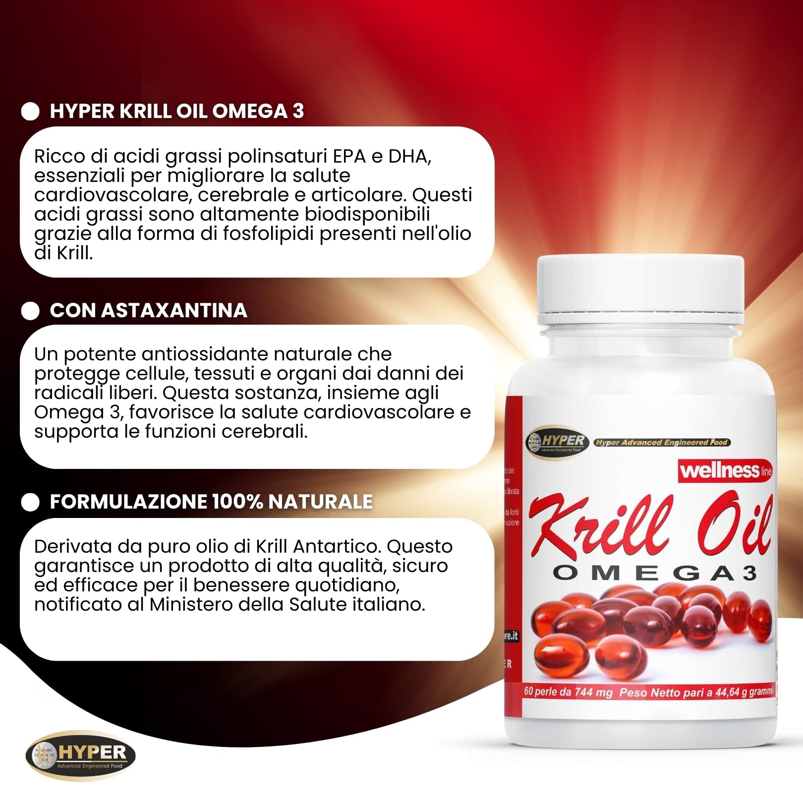 Hyper KRILL OIL OMEGA 3 1000 mg | Olio di Krill Antartico Puro con Astaxantina, EPA e DHA per Cuore, Articolazioni e Benessere Generale - 100% Naturale Altamente Assimilabile - 60 Perle