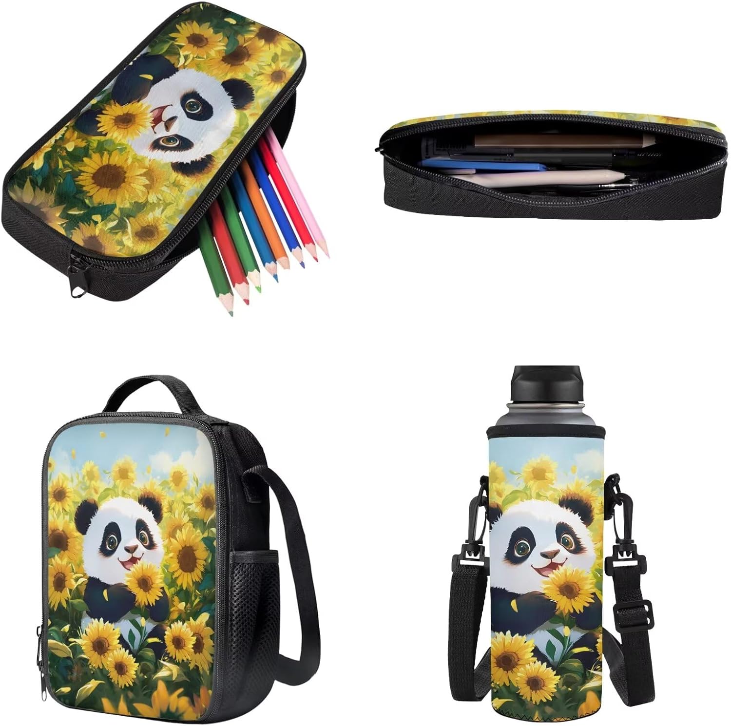 Cute Panda Vibrant Sunflower Pattern Backpack Set for School Kids 17" Bookbag, Thermal Lunch Box, Water Bottle Carrier, Pencil Pouch 4Pcs Back to School Gift for Girls