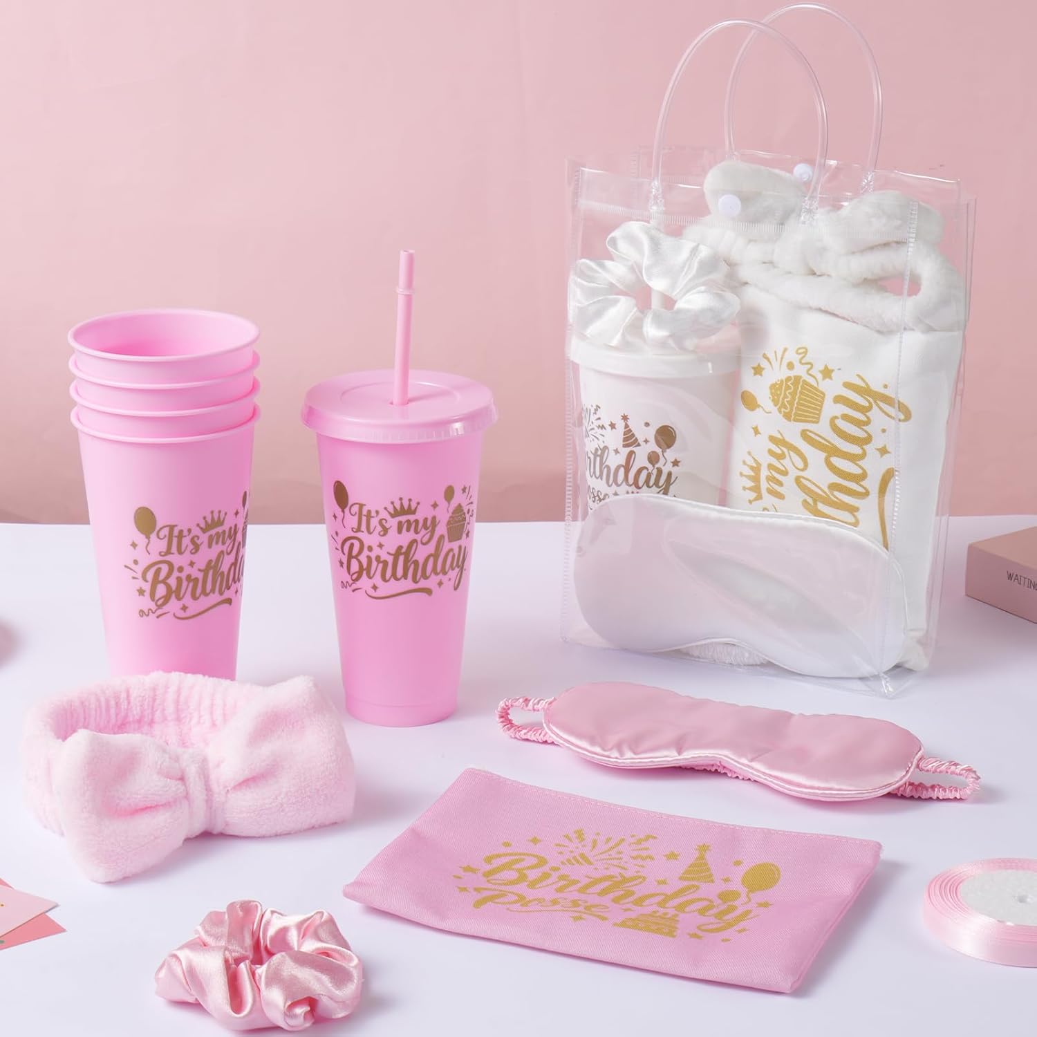 6 Sets(37pcs) Pink Birthday Posse Party Favors for Women Girls Birthday Party,Birthday Cups with Lids Straws,Cotton Makeup Bags and Headband,Satin Eye Masks,Gift Bags for Friend Birthday Present