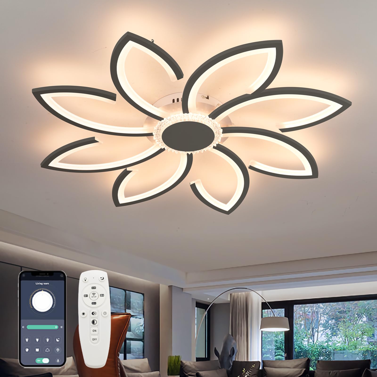 Dimmable Flower Light Fittings Ceilings, 90cm LED Ceiling Lights with Remote APP, Smart Ceiling Lamp Dimmable with Memory Function Lighting Ceiling for Living Room Bedroom Kitchen Office-Black