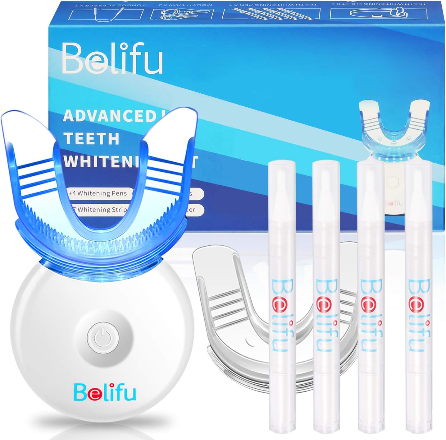 Belifu Teeth Whitening Kit with LED Light, Teeth Whiten Gel Pen and Strips, Non-Sensitive Tooth Whitener, Professional Teeth Whitener for Home Using, Teeth Bleaching Kit with Tray