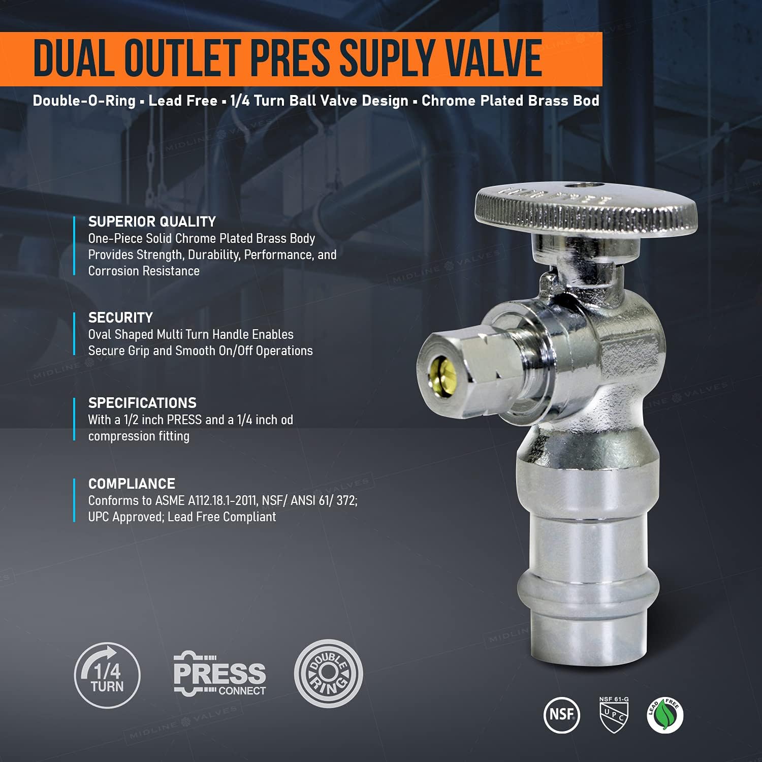 Midline Valve 92325QS-NL-Q 1/4 Turn Press Angle Stop Valve, 1/2" Press x 1/4" OD, Chrome Plated Brass