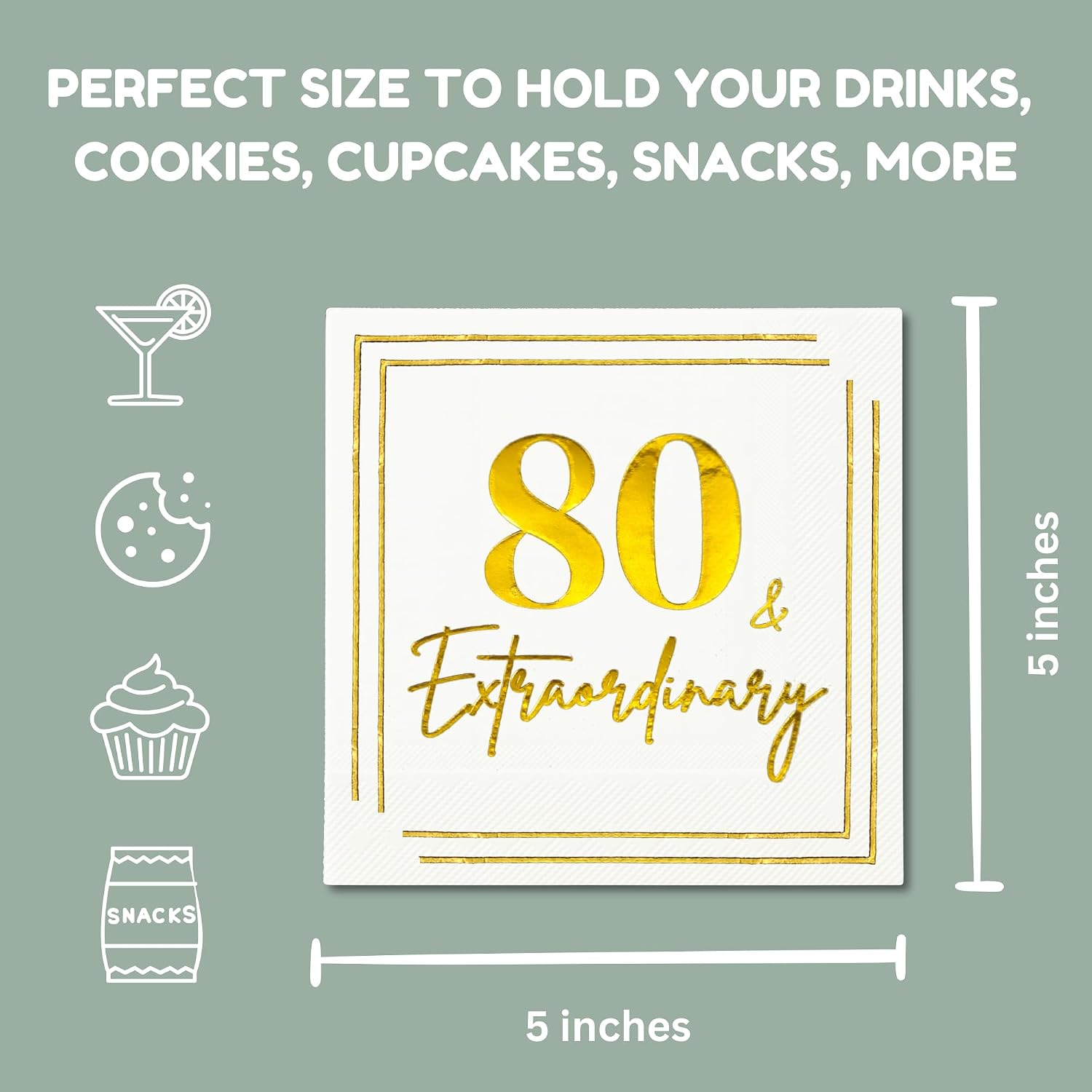 80th Birthday Cocktail Napkins, Gold 80 Years Old Bday Party Decorations, "80 & Extraordinary" Disposable Paper Napkin Decor for Women & Men, Milestone Celebration Fabulous Gift Ideas, 50 Pack