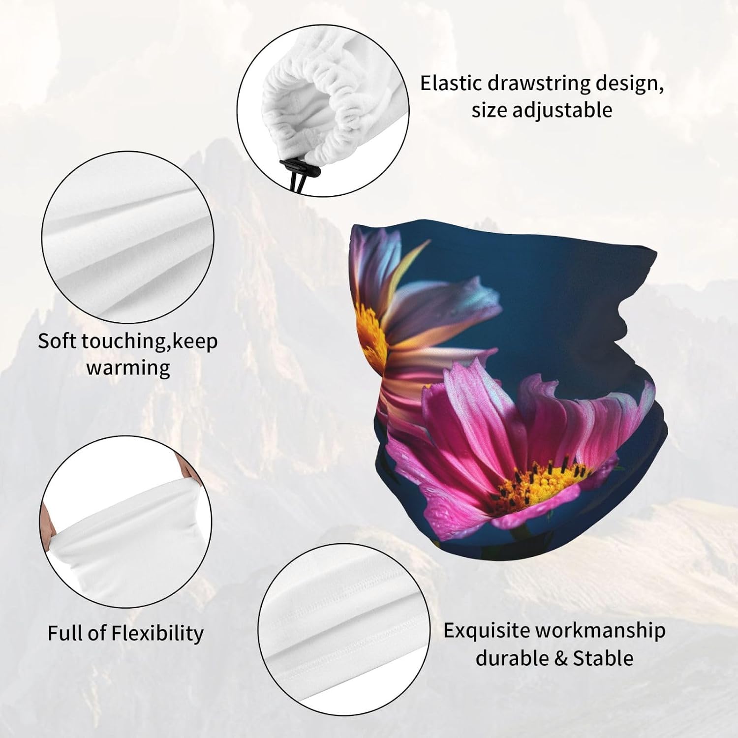 Winter Neck Warmer for Men Women, Two Pink Flowers Neck Gaiter UV Sun Protection Face Mask Windproof Cold Weather Face Cover Thermal Ski Mask Scarf for Outdoor Sports Bandana