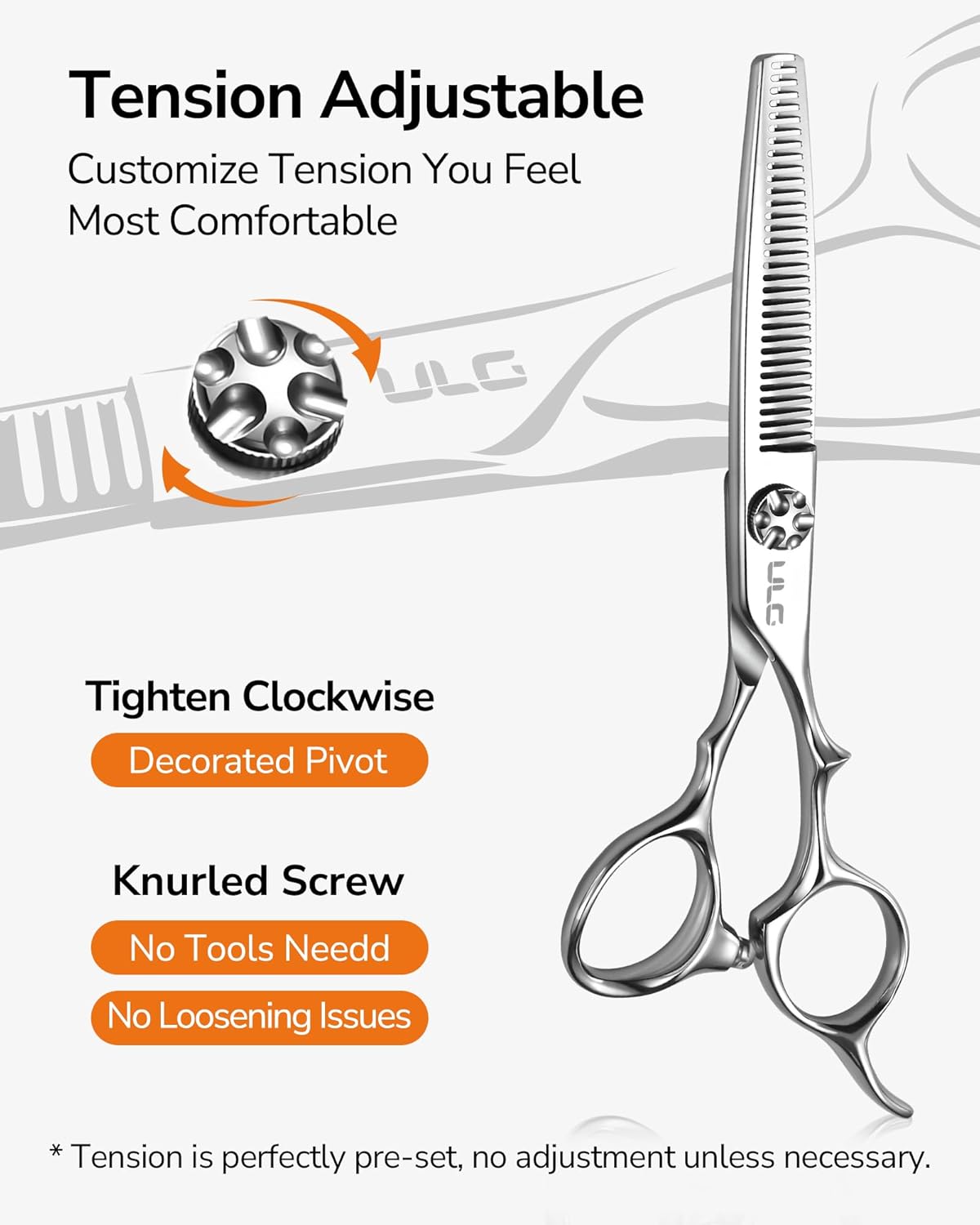 ULG Professional Hair Thinning Scissors 6.7”, Japanese 440C Stainless Steel, 32-Teeth Texturizing Shears with Adjustable Tension Screw, Ergonomic Offset Handle, Ultra Sharp Blades for Salon & Home Use