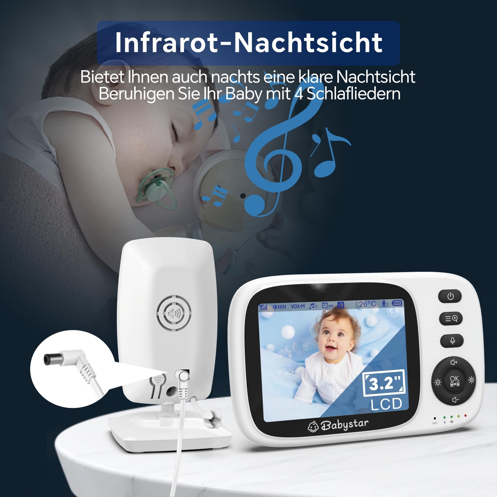 Babystar Babyphone mit Kamera, 3.2 Zoll Video-Babyphone Wireless, Nachtsicht, Temperaturüberwachung, Zwei Wege Audio VOX Modu, 2.4 GHz Babyphone ideal für Eltern