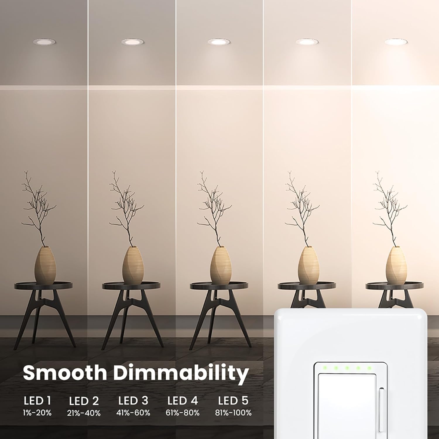 Diagram showing single, two, and multi-gang installation configurations for the smart dimmer switch