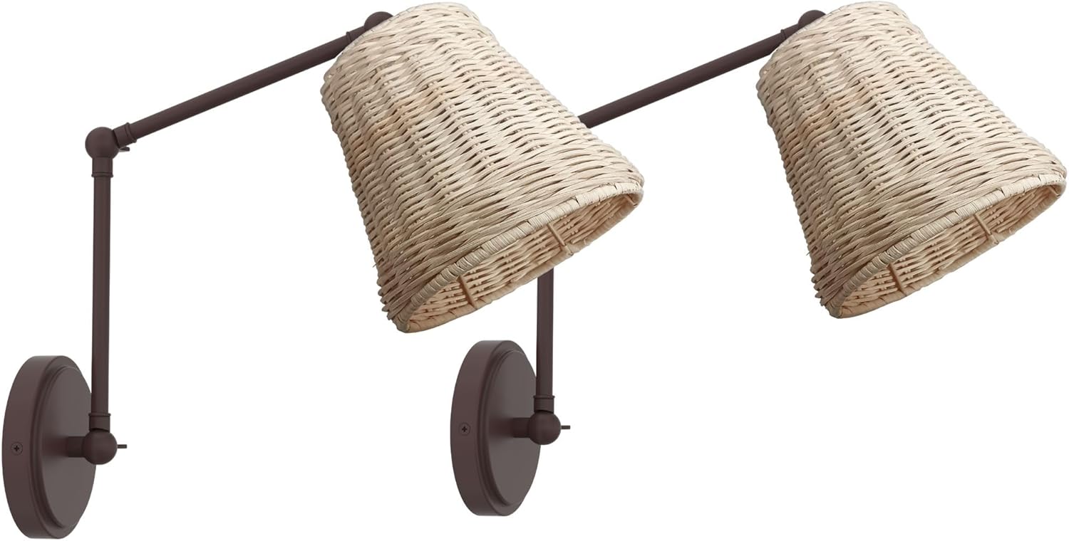7" Swing Arm Wall Lamp Set of 2, Hand Woven Rattan Wall Sconce, Hardwired Wall Mounted Light Fixture for Bedroom Living Room Bedside (Painted Bronze)