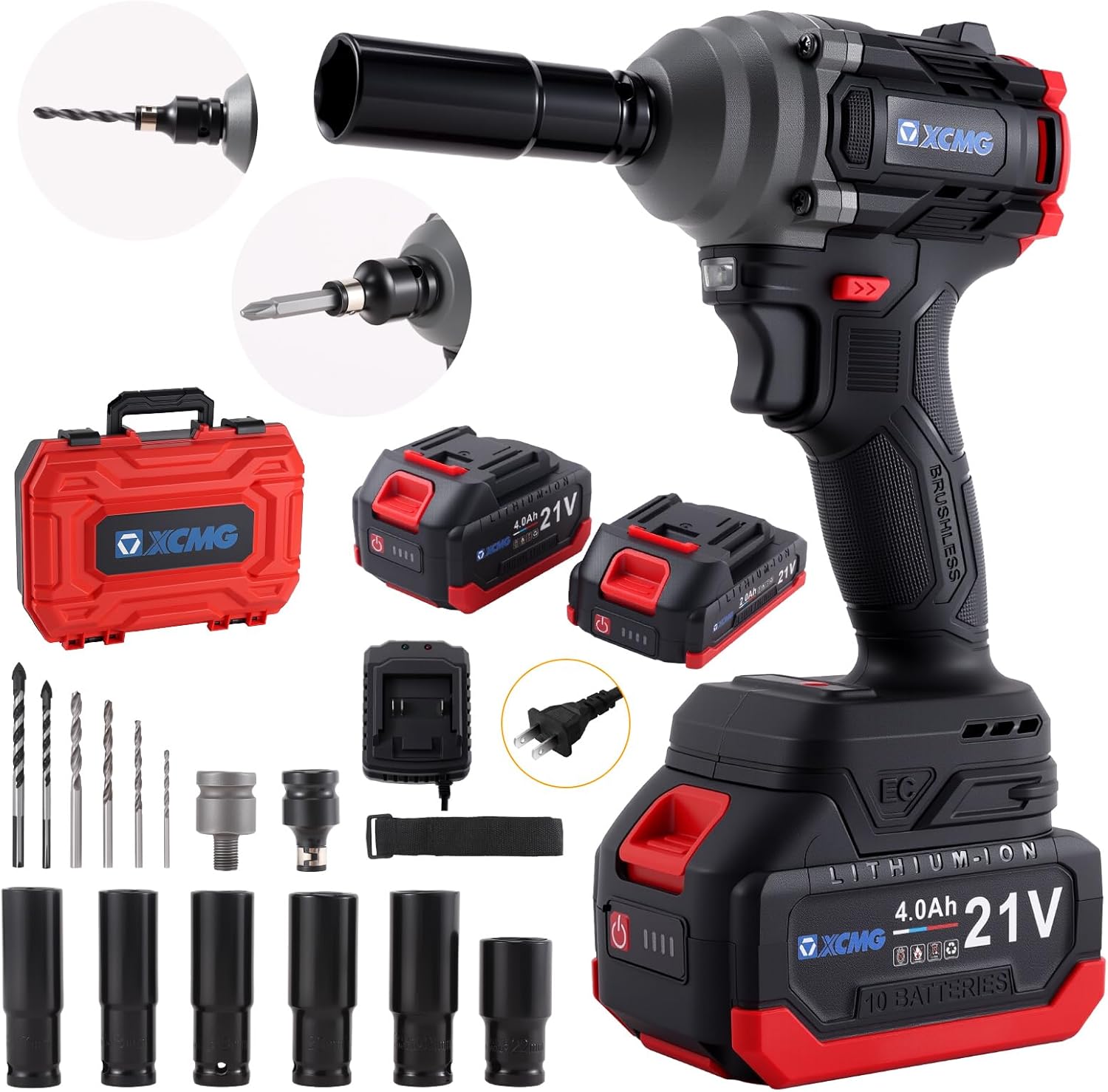 21V Cordless Impact Wrench, 1/2 Inch, 350N·M Maximum Torque, 3300RPM, Two 4.0AH Lithium Batteries, with Plastic Case and Accessories