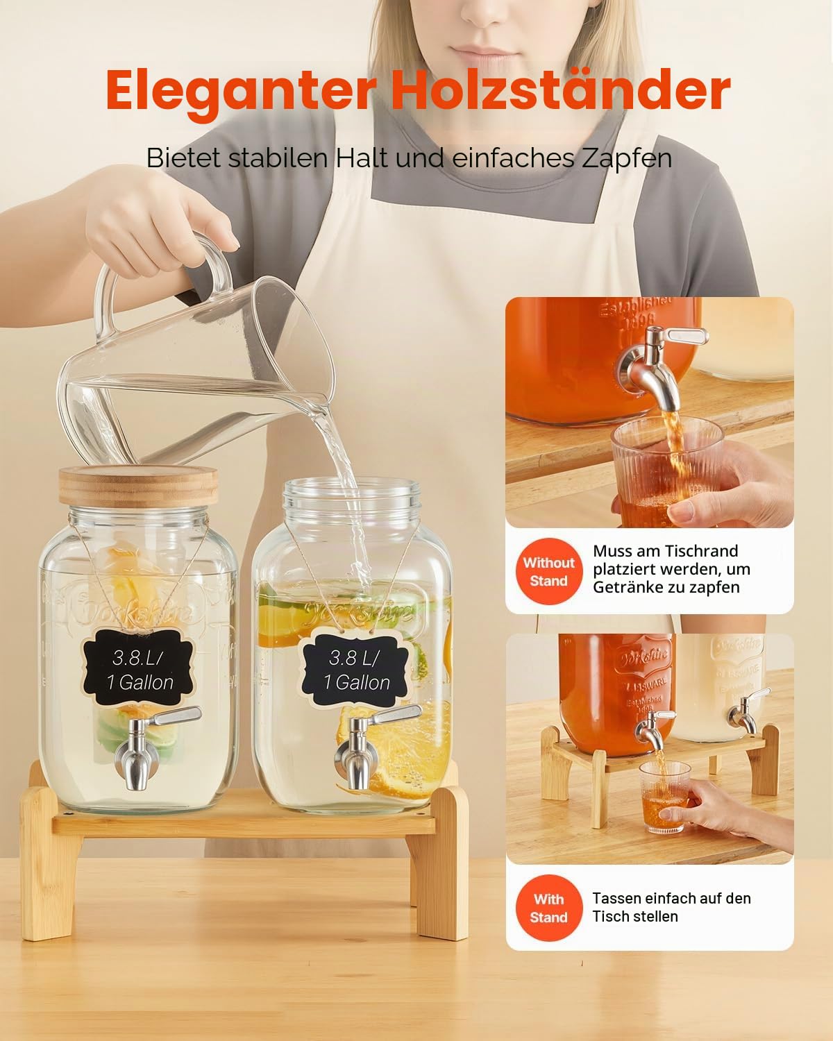 VEVOR Getränkespender (2 x 3,8 L) für Partys Saftspender (aus Glas) mit tropfsicherem Zapfhahn & Holzständer Wasserspender für Restaurants Partys, Limonade Eistee selbstgemachte Getränke Spender