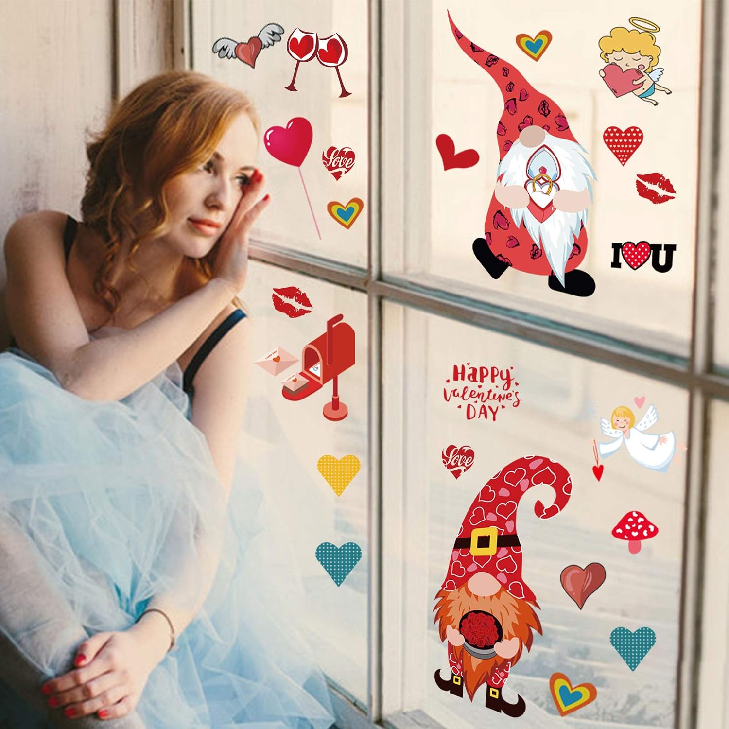 9 Sheets Valentine's Day Gnome Window Cling Decorations, Large Removable Elf Scandinavian Tomte Valentines Window Decal Stickers for Valentine's Day Decorations, i Love You Decorations, Wedding Anniversary