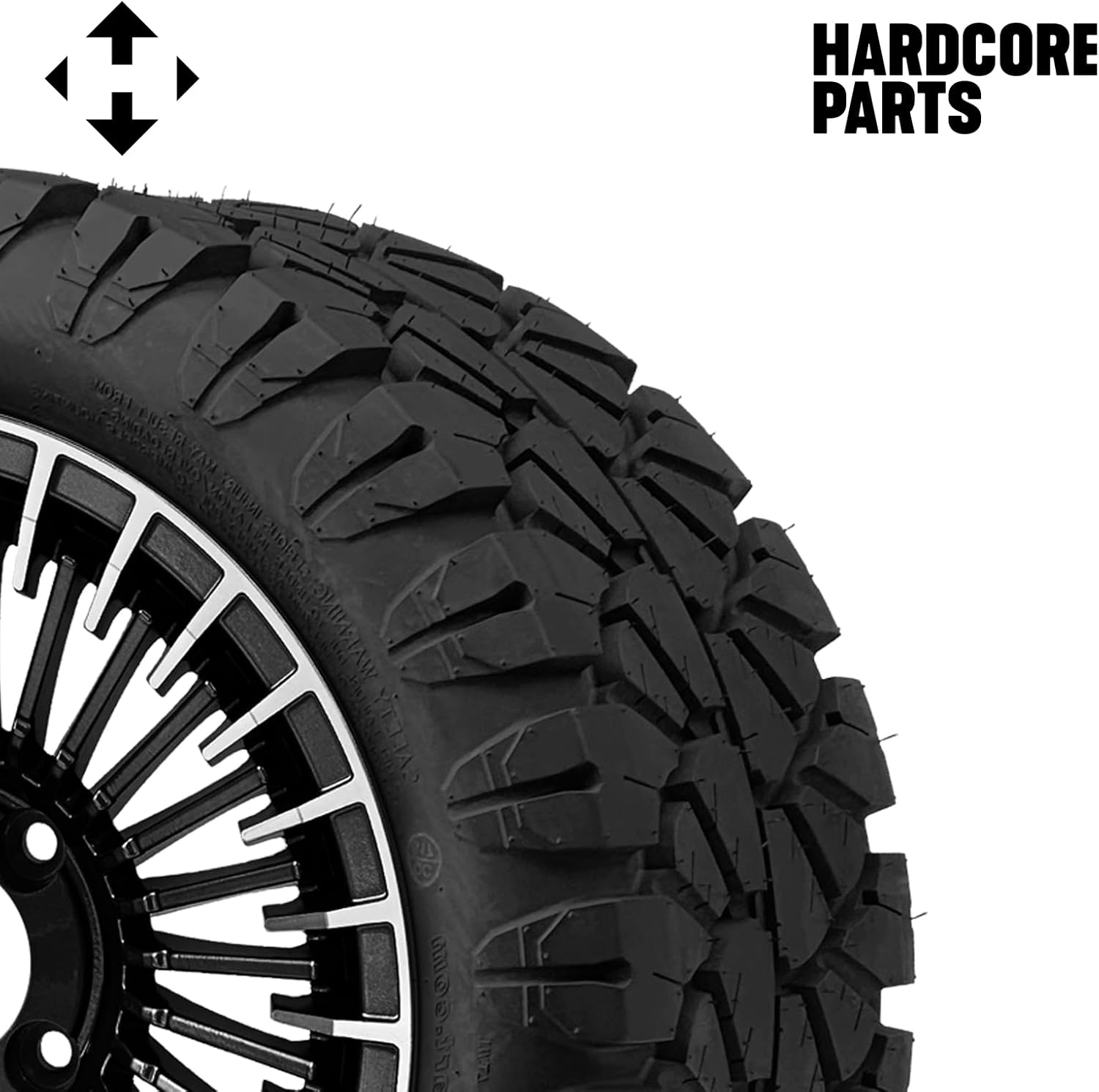 Hardcore Parts 14" Machined/Black 'PIRANHA' Golf Cart Wheels and 23"x10.5"-14" STINGER On-Road/Off-Road DOT rated All-Terrain tires - Set of 4, includes Chrome 'SS' center caps and 12x1.25 lug nuts