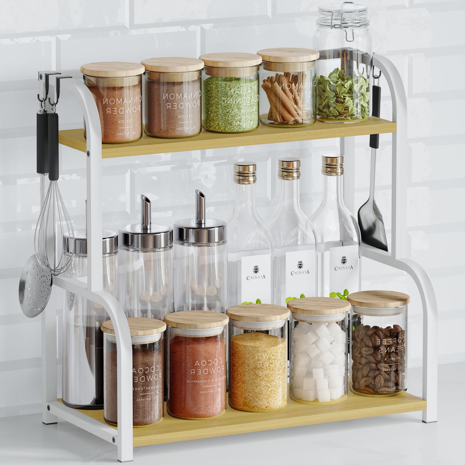 Kitchen Shelf Organiser Coffee Station - Spice Rack Storage Cupboard Organizer White Natural Wooden - 2 Tier Shelves for Counter Top - Small Desk Worktop Organisation Unit Free Standing Coffe Bar