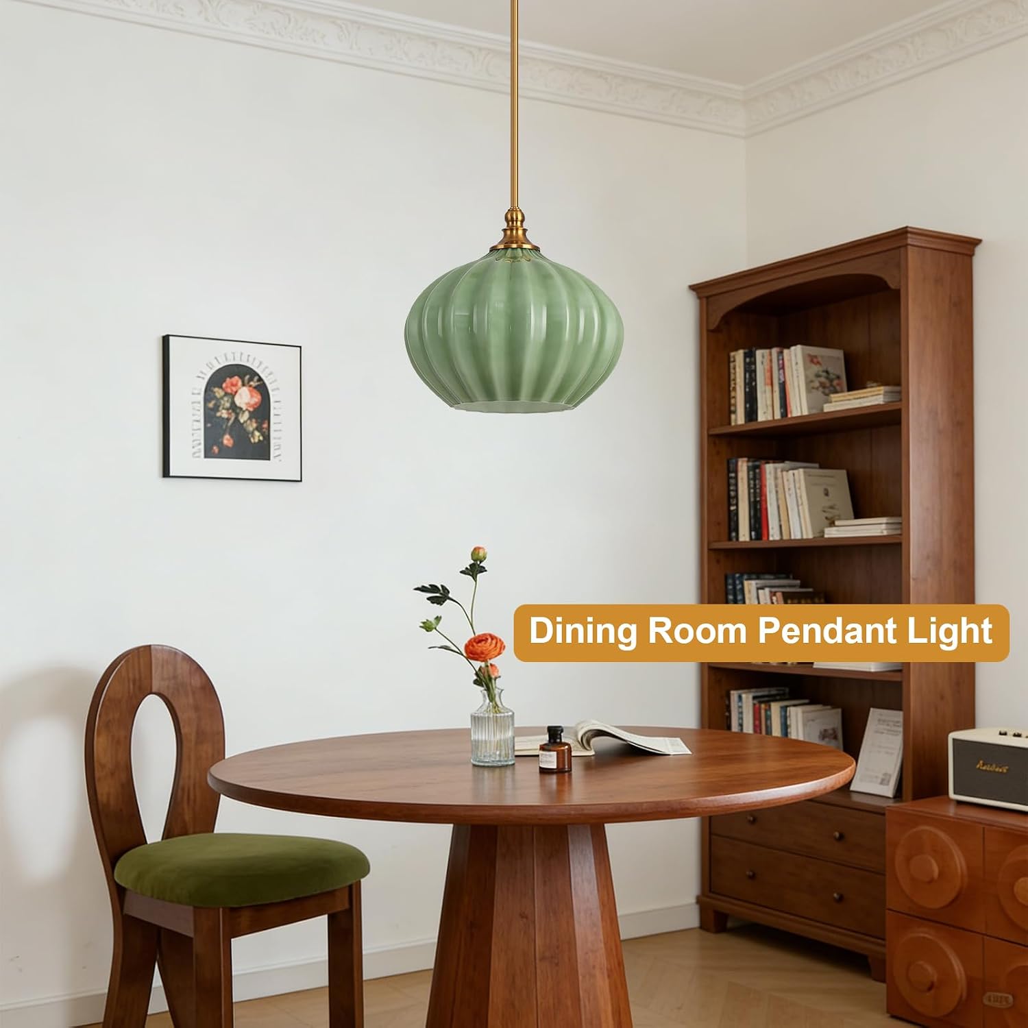 Green Glass Pendant Light, 11.8in Pendant Lights Kitchen Island, Schoolhouse Hanging Lighting Chandelier for Kitchen Island Dining Room Bedroom, Thick-Ribbed Green & Antique Gold 1 Pack