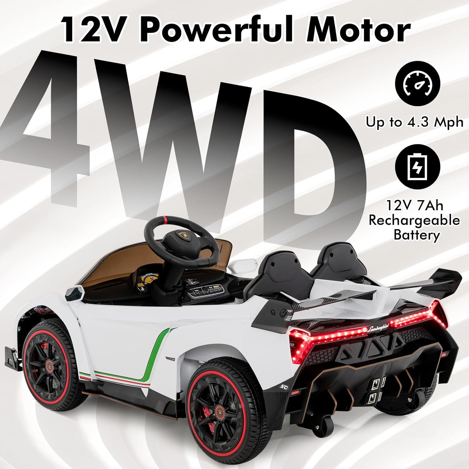 INFANS 2 Seater Kids Ride on Car, 12V 4WD Licensed Lamborghini Veneno Powered Electric Vehicle with Hydraulic Doors, Rocking Mode, Adjustable Speeds, Remote Control, MP3, Headlight (White)