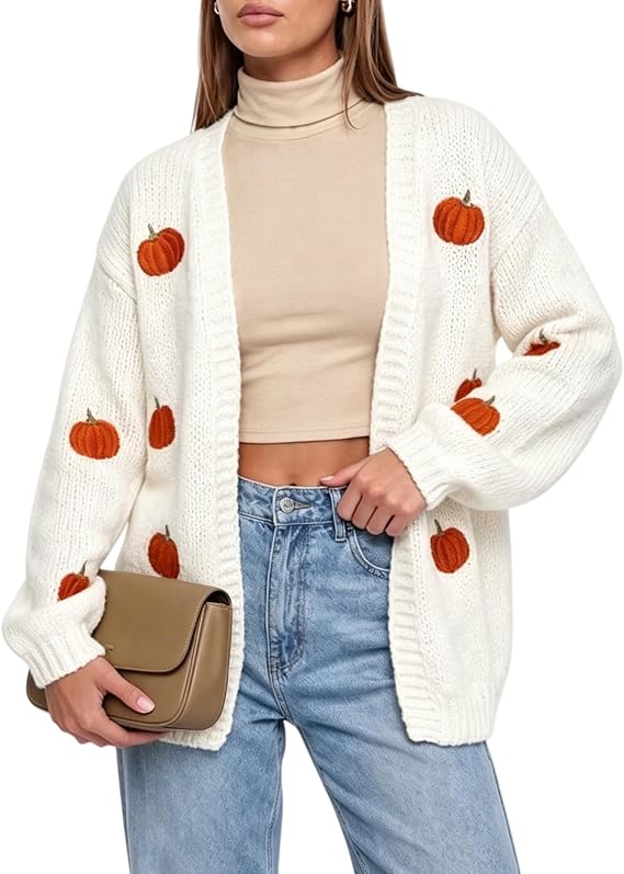Women's Halloween Pumpkin Knit Cardigan Long Sleeve Open Front Knitted Sweater Fall Outwear Coat Tops