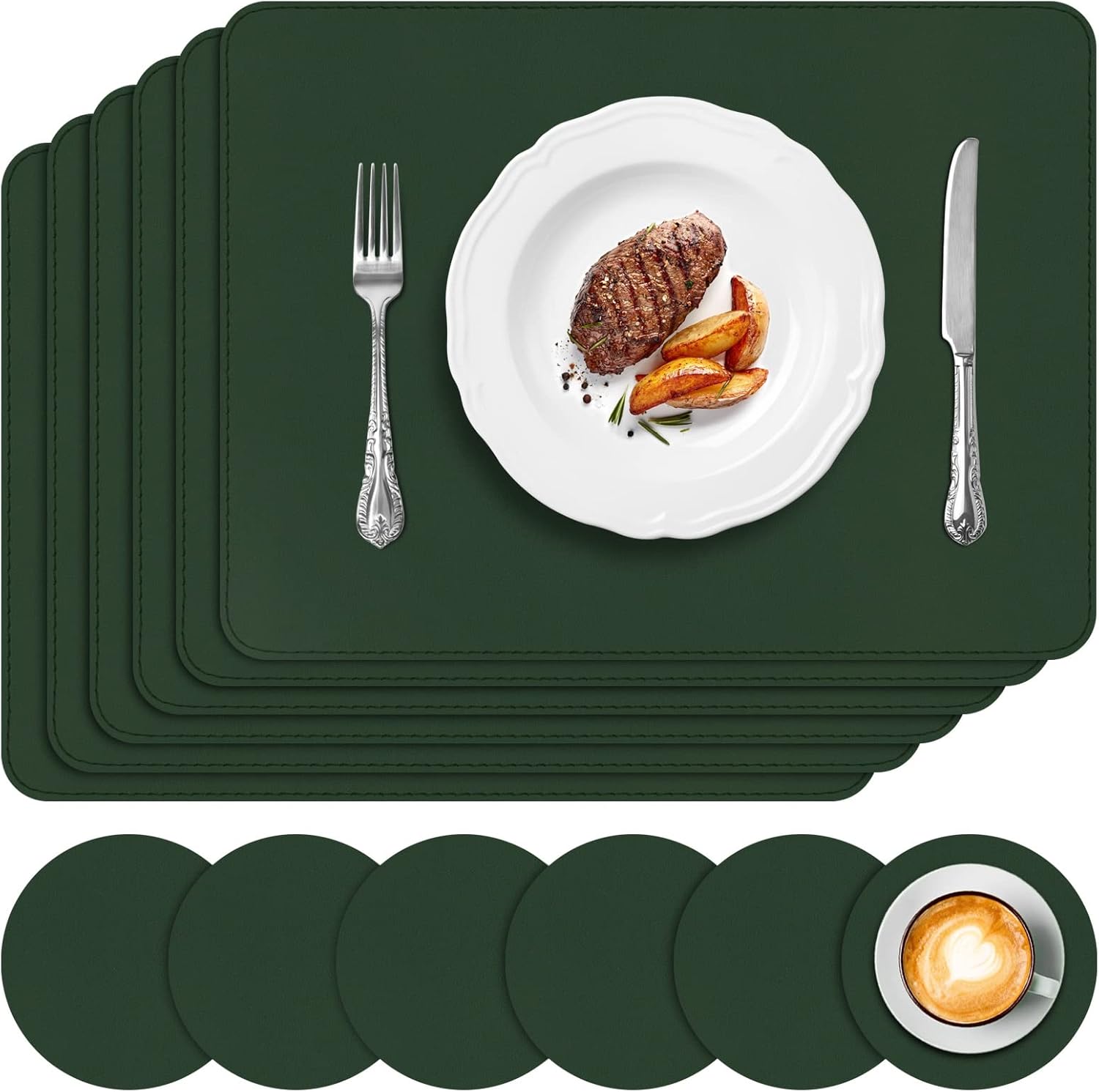 APLKER Placemats and Coaster Sets of 6, PU Leather Table Mats NonSlip