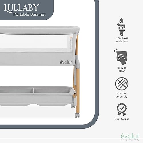 Miniatura 5 de Evolur Lullaby - Moisés portátil con ruedas  Cama de noche ajustable, laterales de malla transpirable, cesta de almacenamiento grande, fácil de